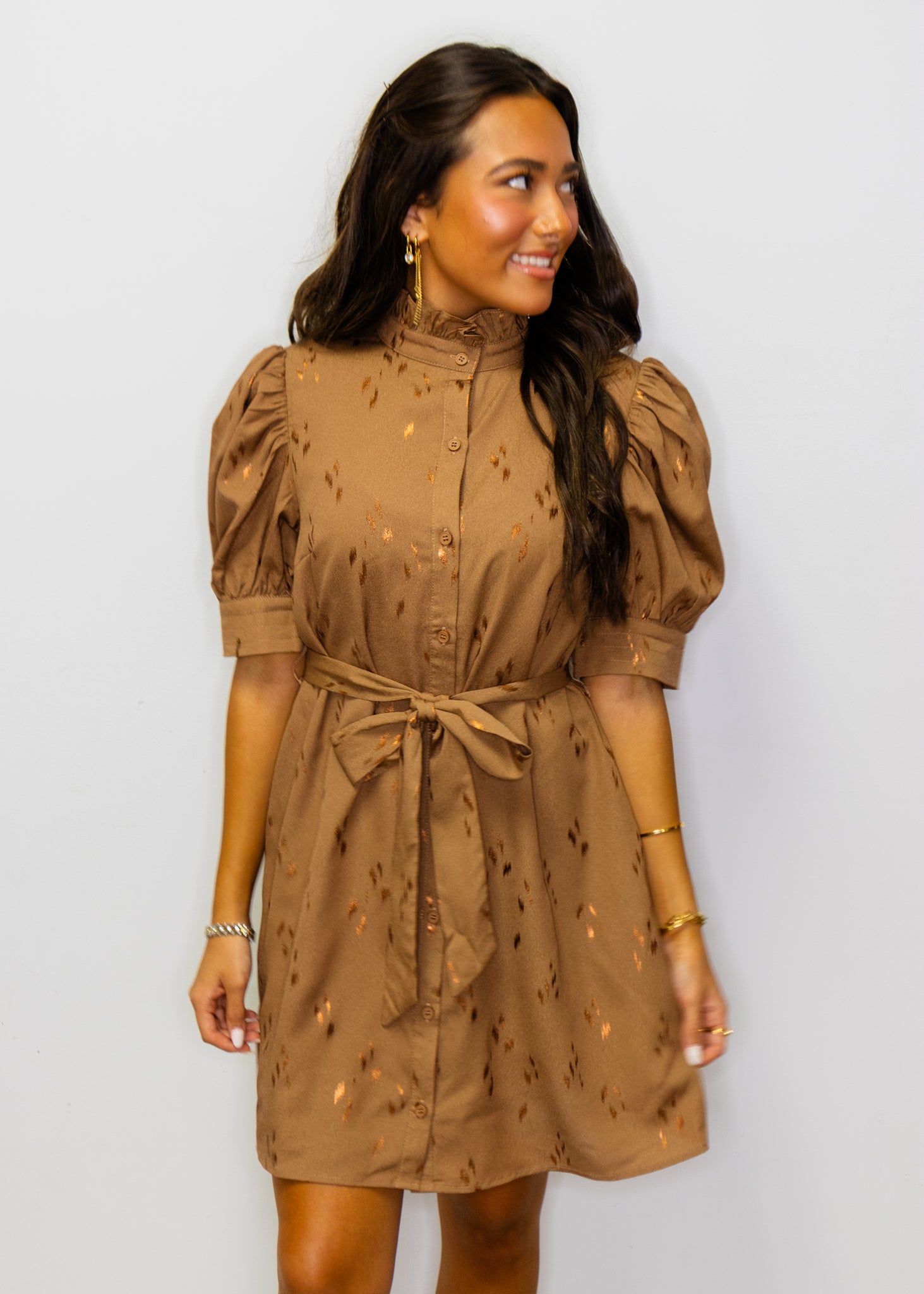 Mocha Ruffle Neckline Tie Dress