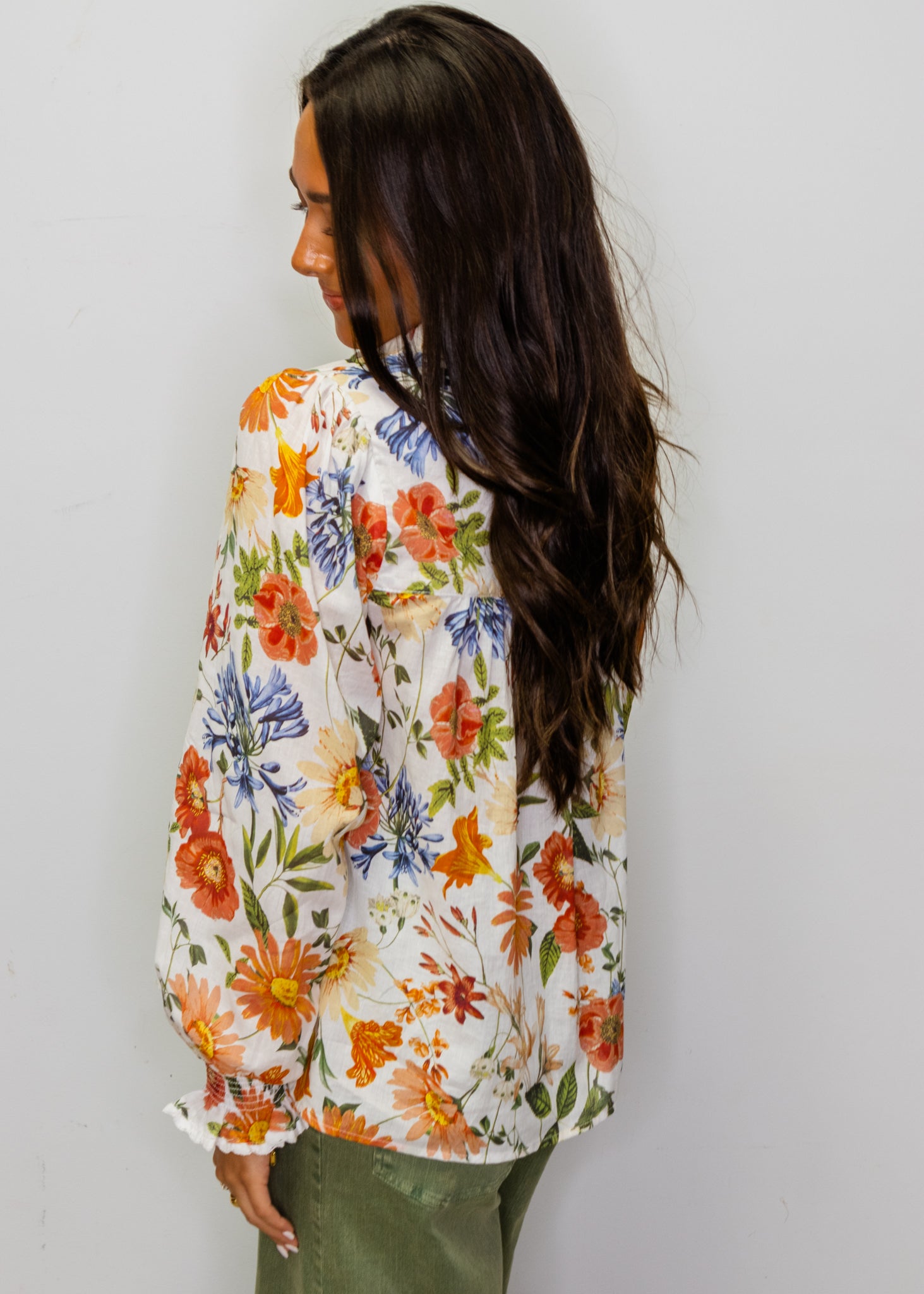 White Lace Trim Floral Long Sleeve Top