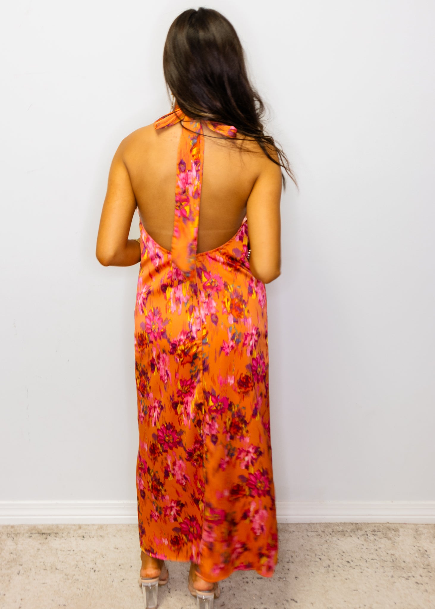 Orange Botanical Print Midi Dress