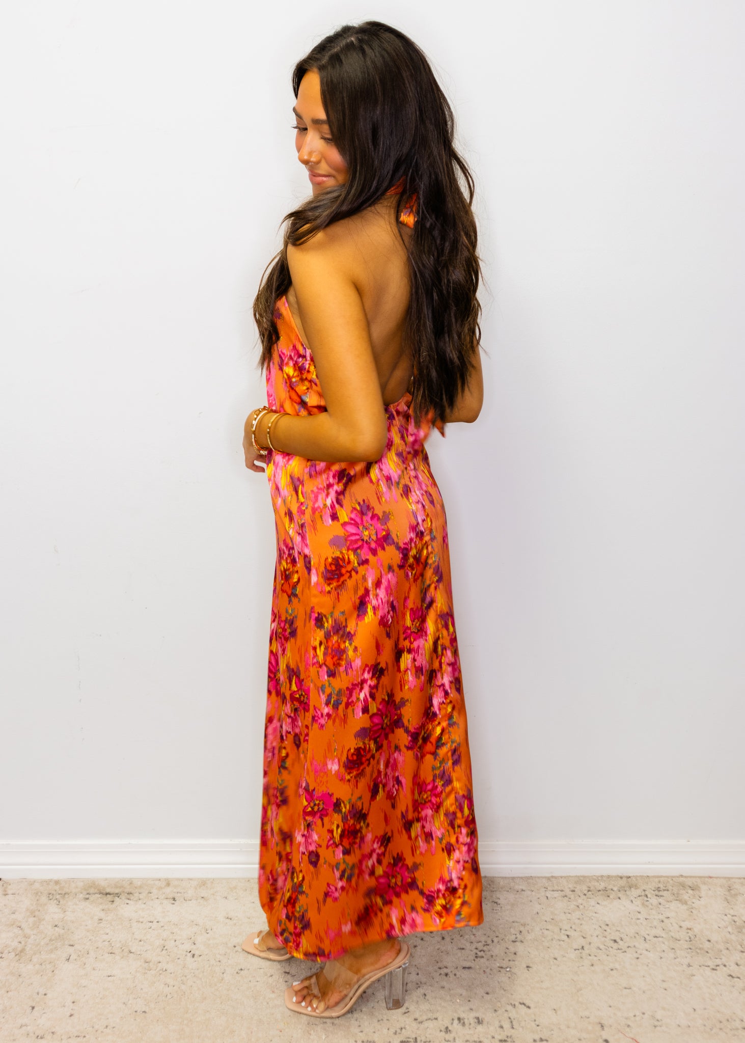 Orange Botanical Print Midi Dress