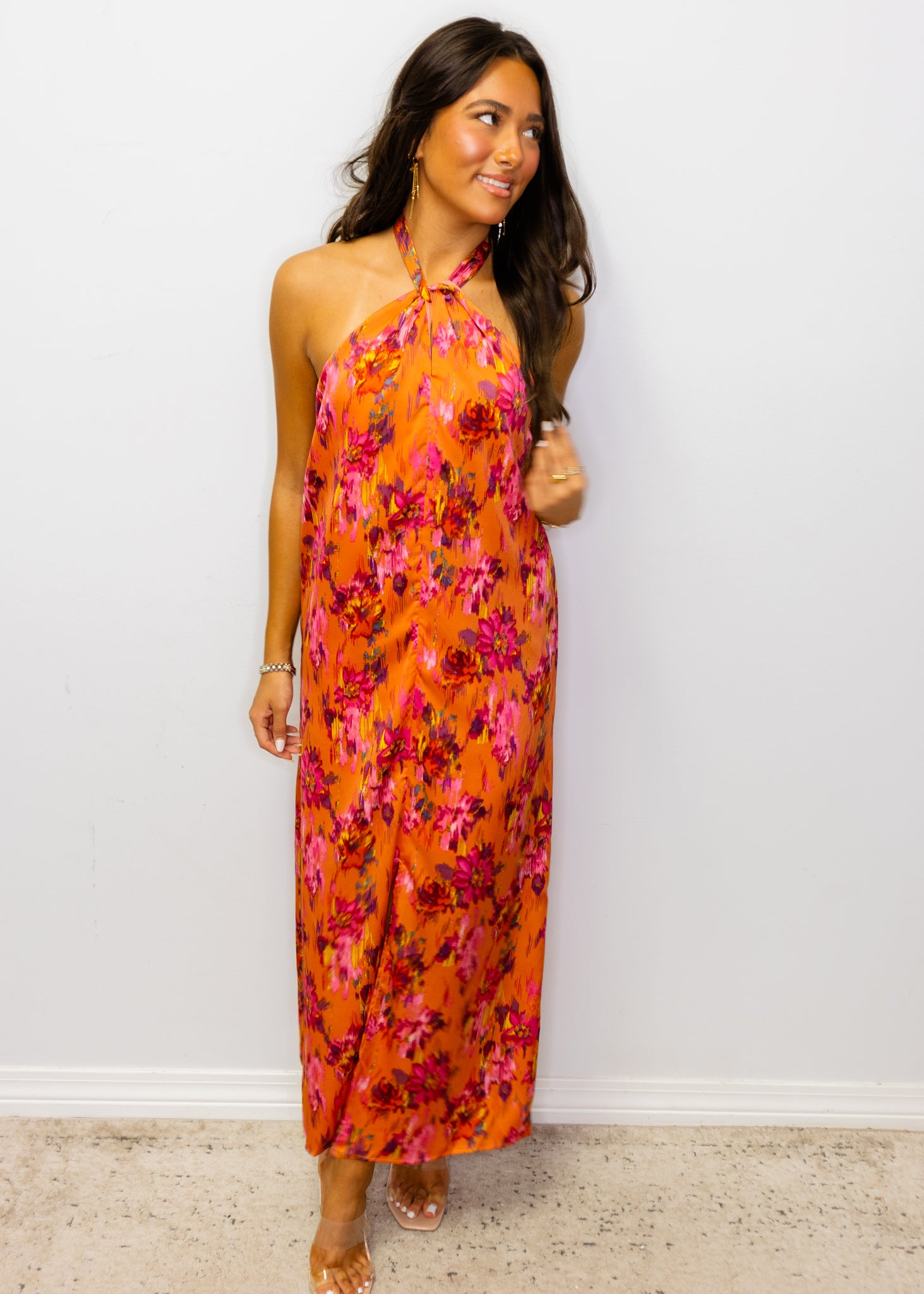 Orange Botanical Print Midi Dress
