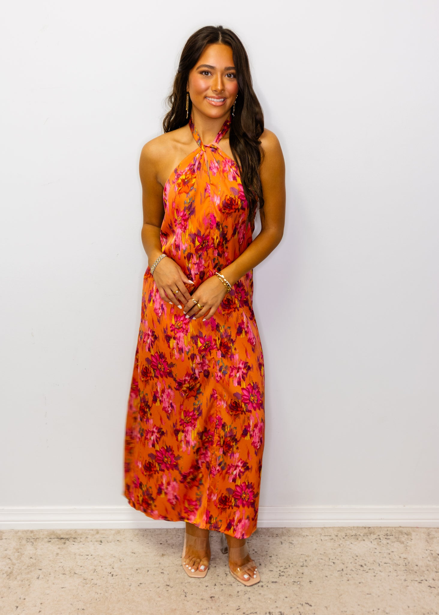 Orange Botanical Print Midi Dress