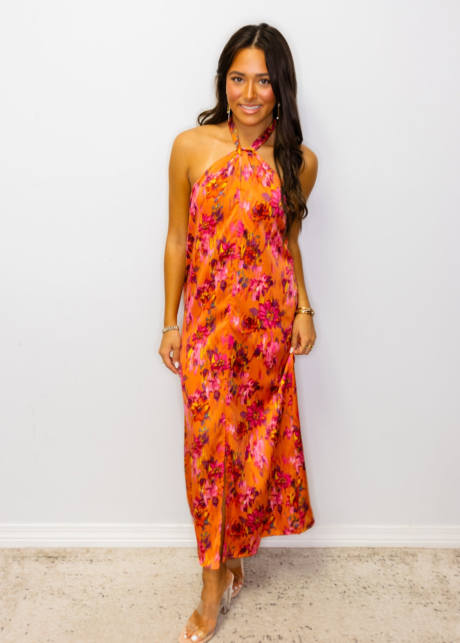 Orange Botanical Print Midi Dress