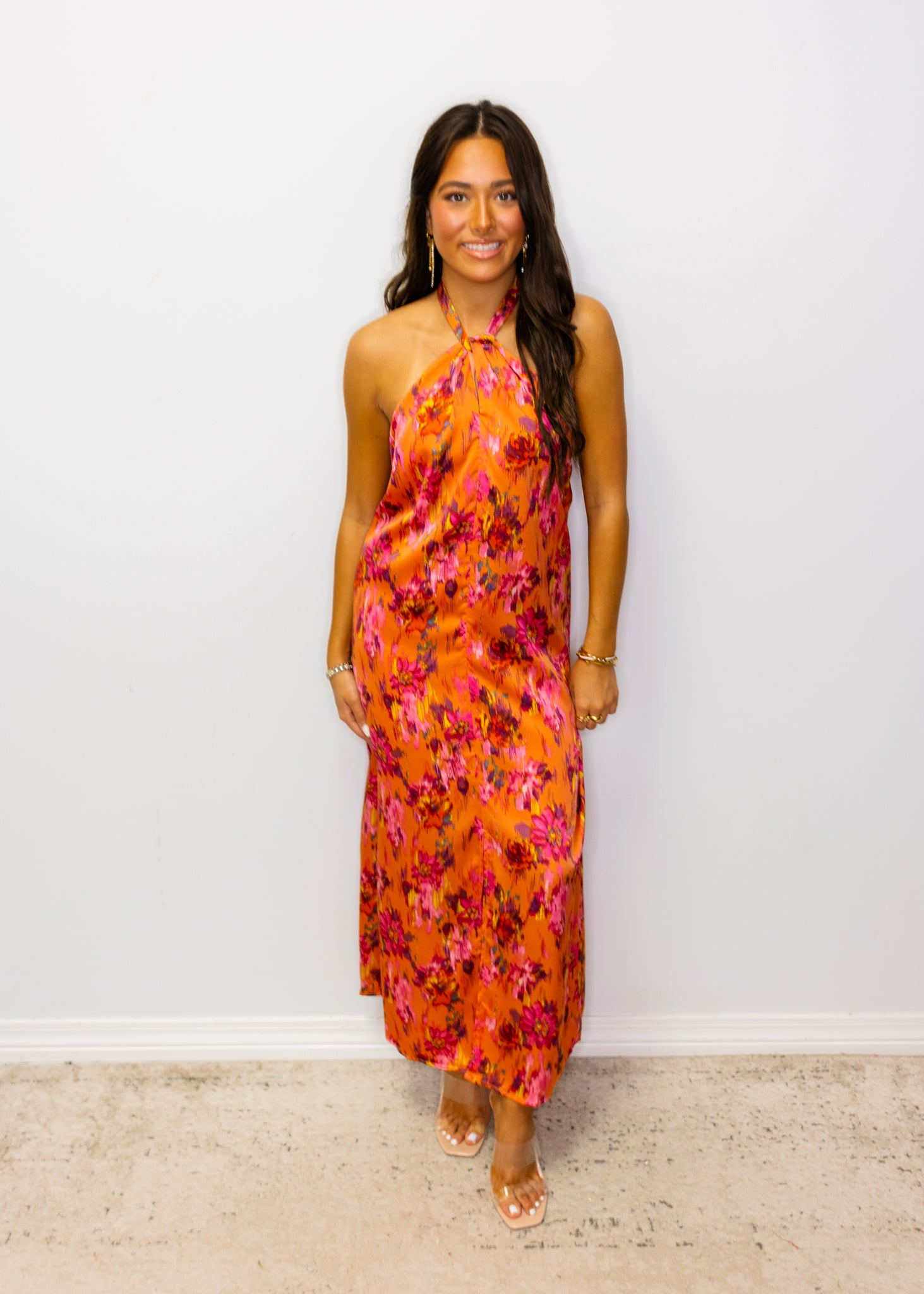 Orange Botanical Print Midi Dress
