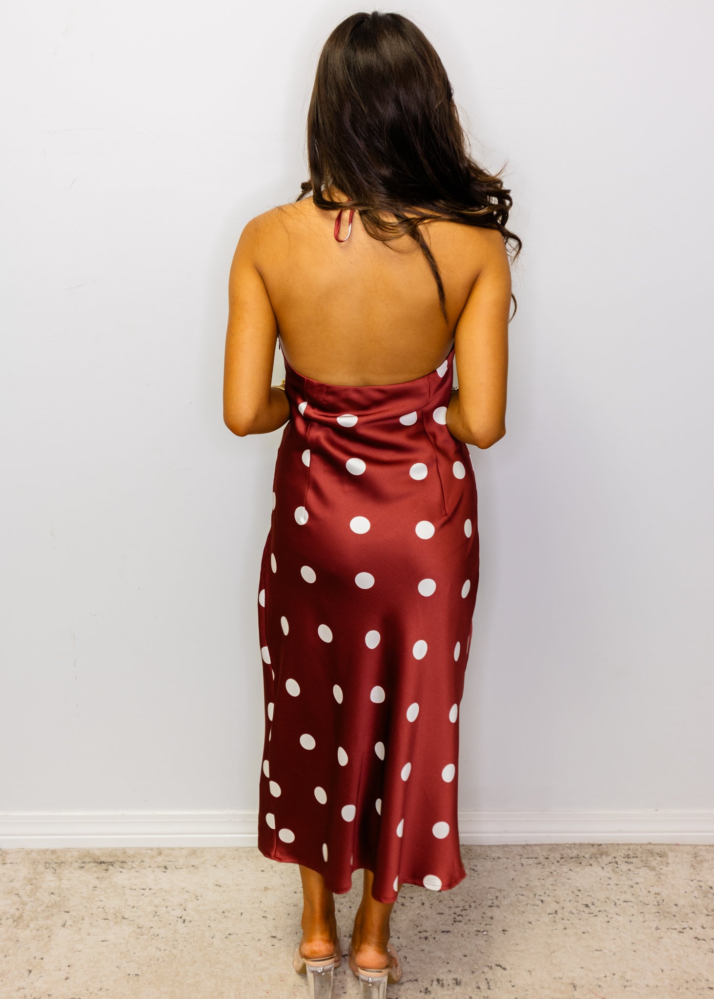 Wine Polka Dot Halter Neck Dress