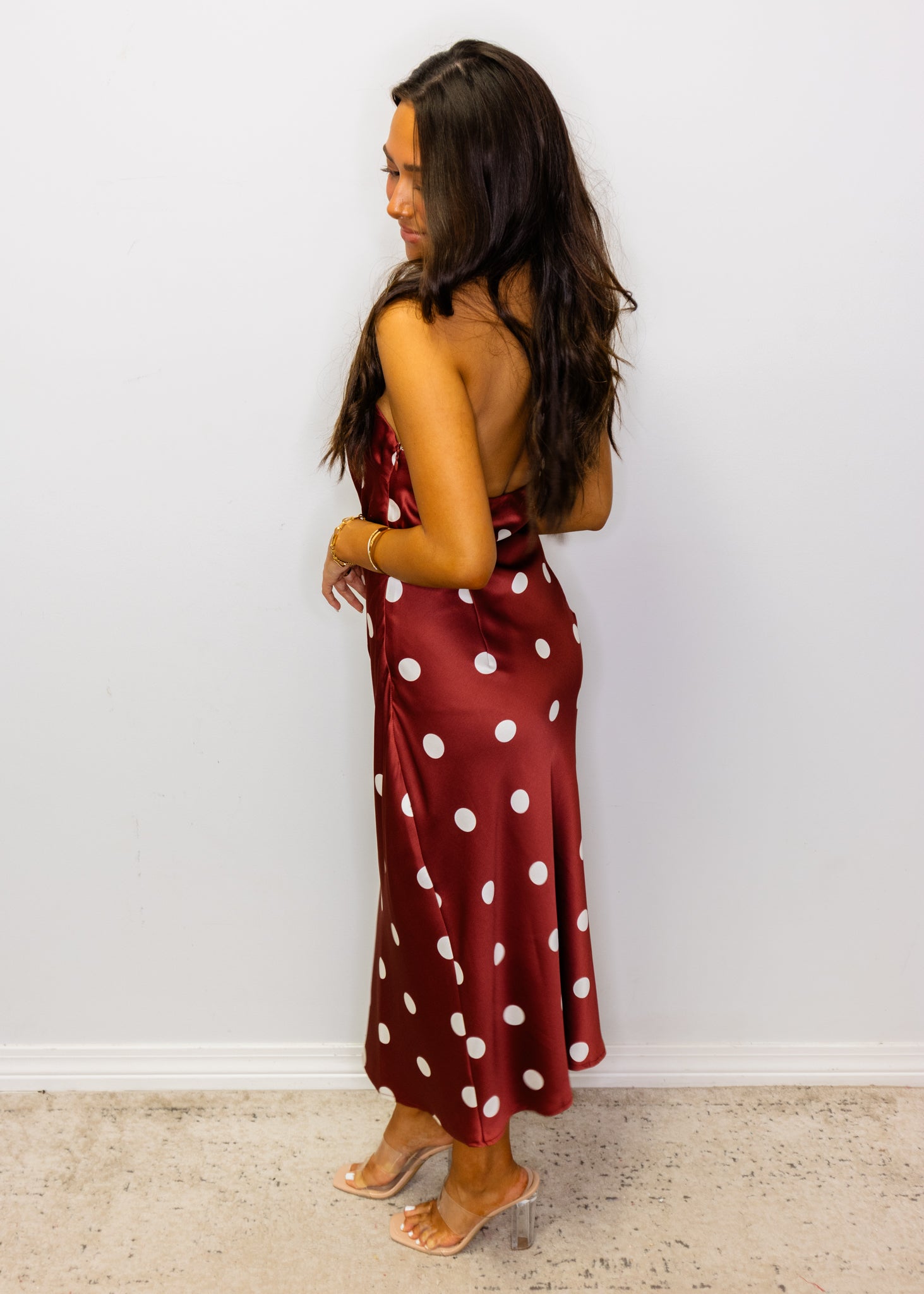 Wine Polka Dot Halter Neck Dress