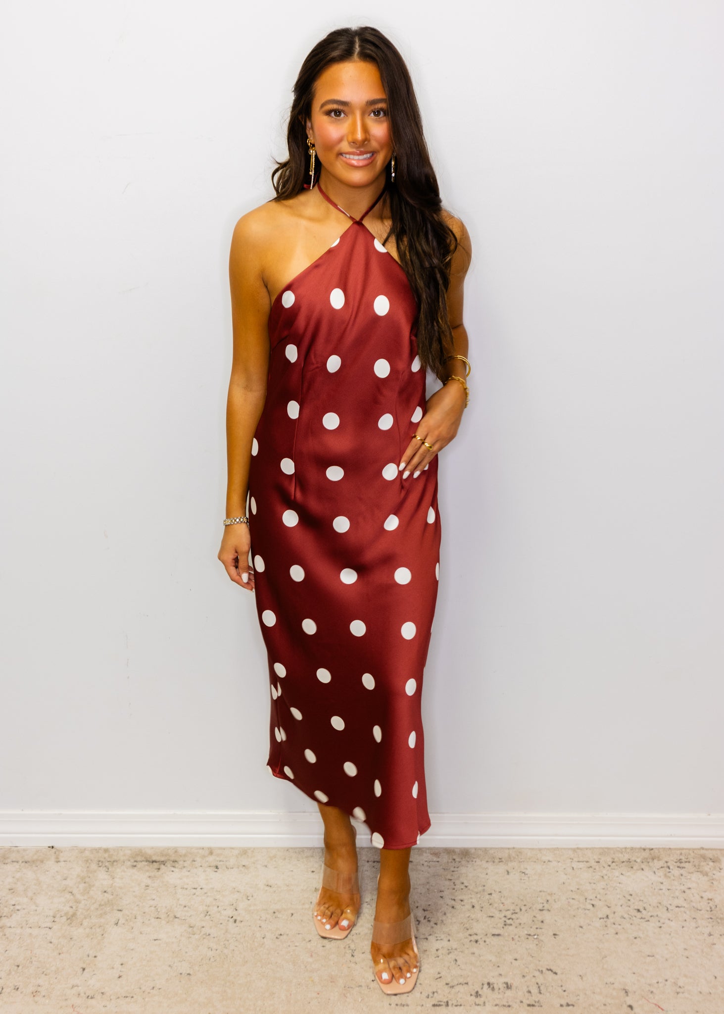 Wine Polka Dot Halter Neck Dress
