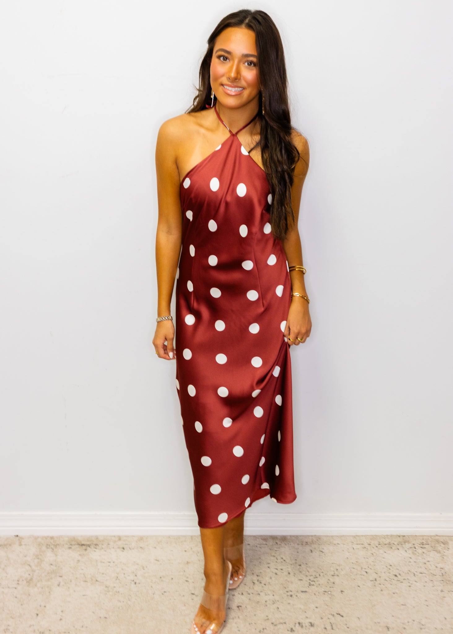 Wine Polka Dot Halter Neck Dress