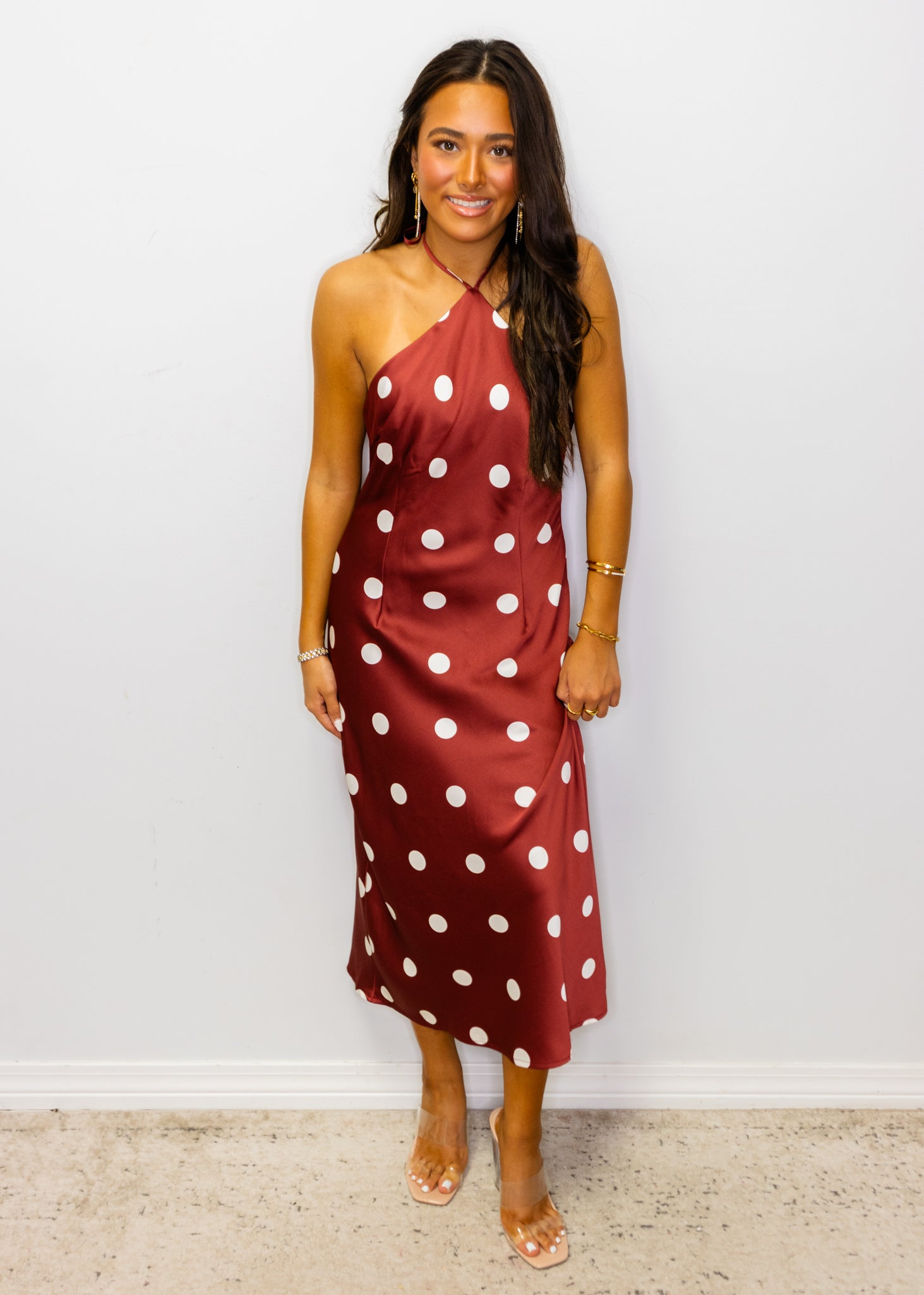 Wine Polka Dot Halter Neck Dress