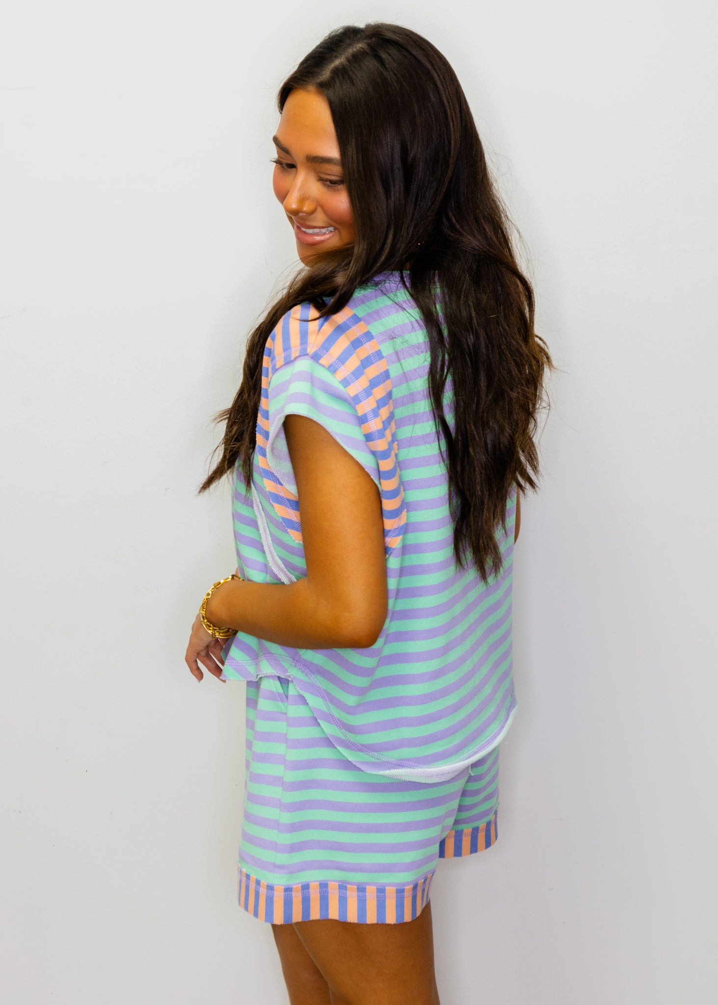 Purple & Mint Stripe Shorts Set