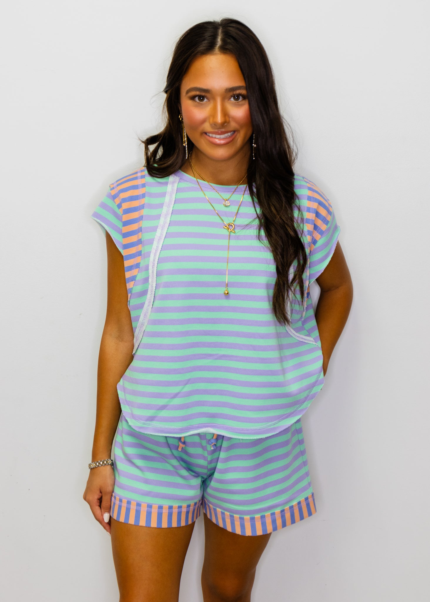 Purple & Mint Stripe Shorts Set