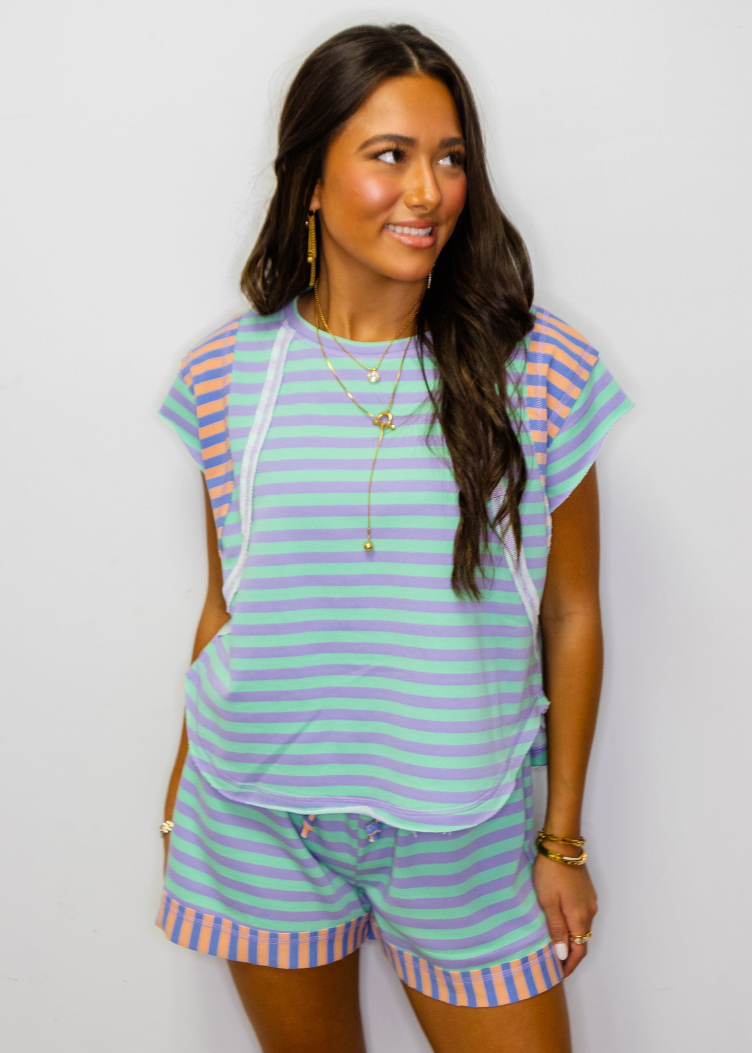 Purple & Mint Stripe Shorts Set