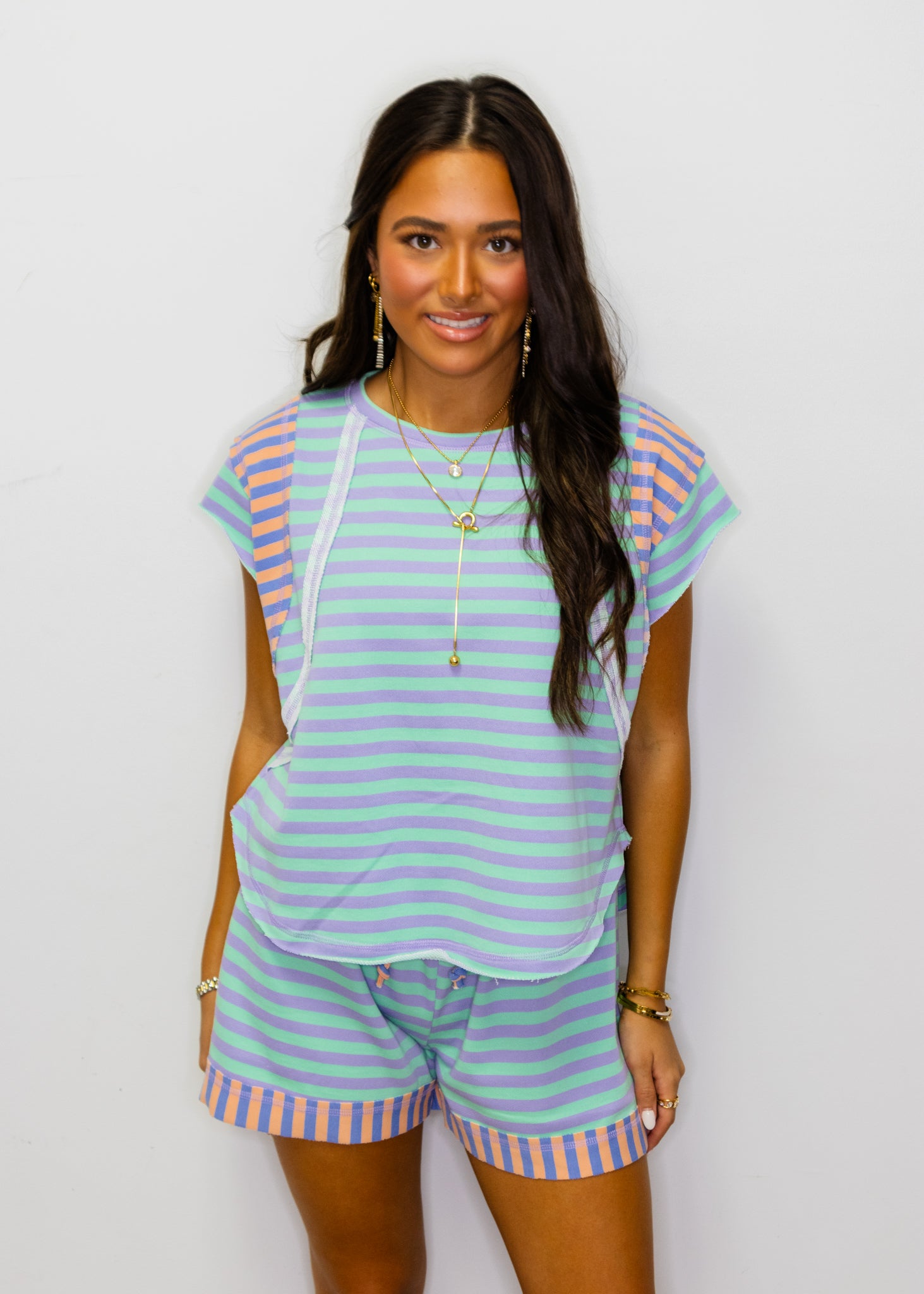 Purple & Mint Stripe Shorts Set