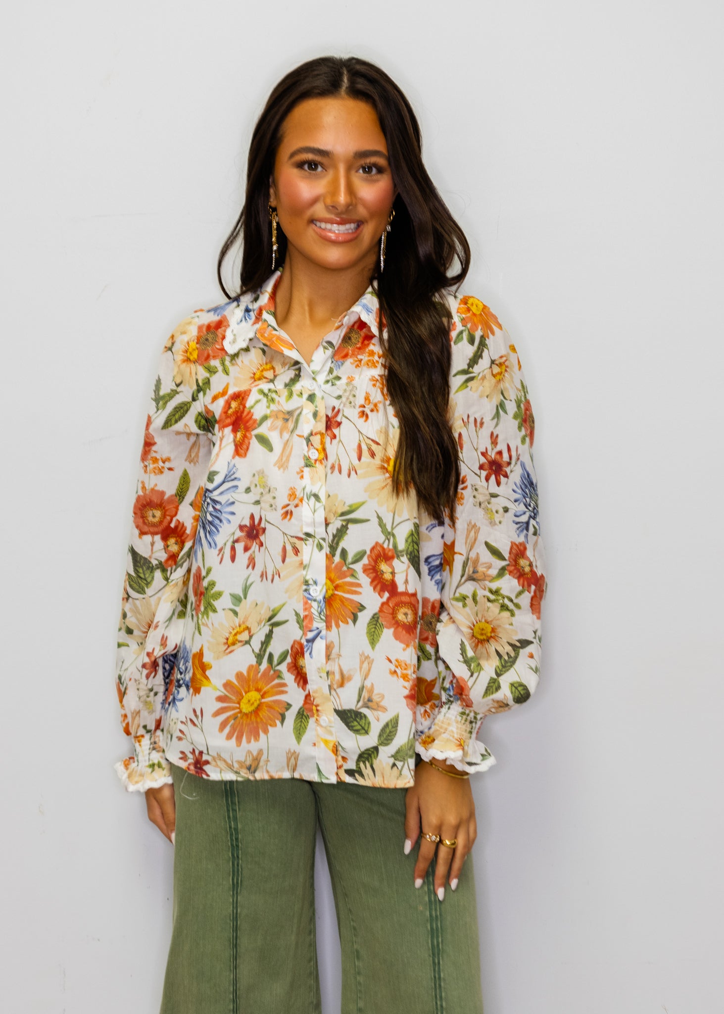 White Lace Trim Floral Long Sleeve Top