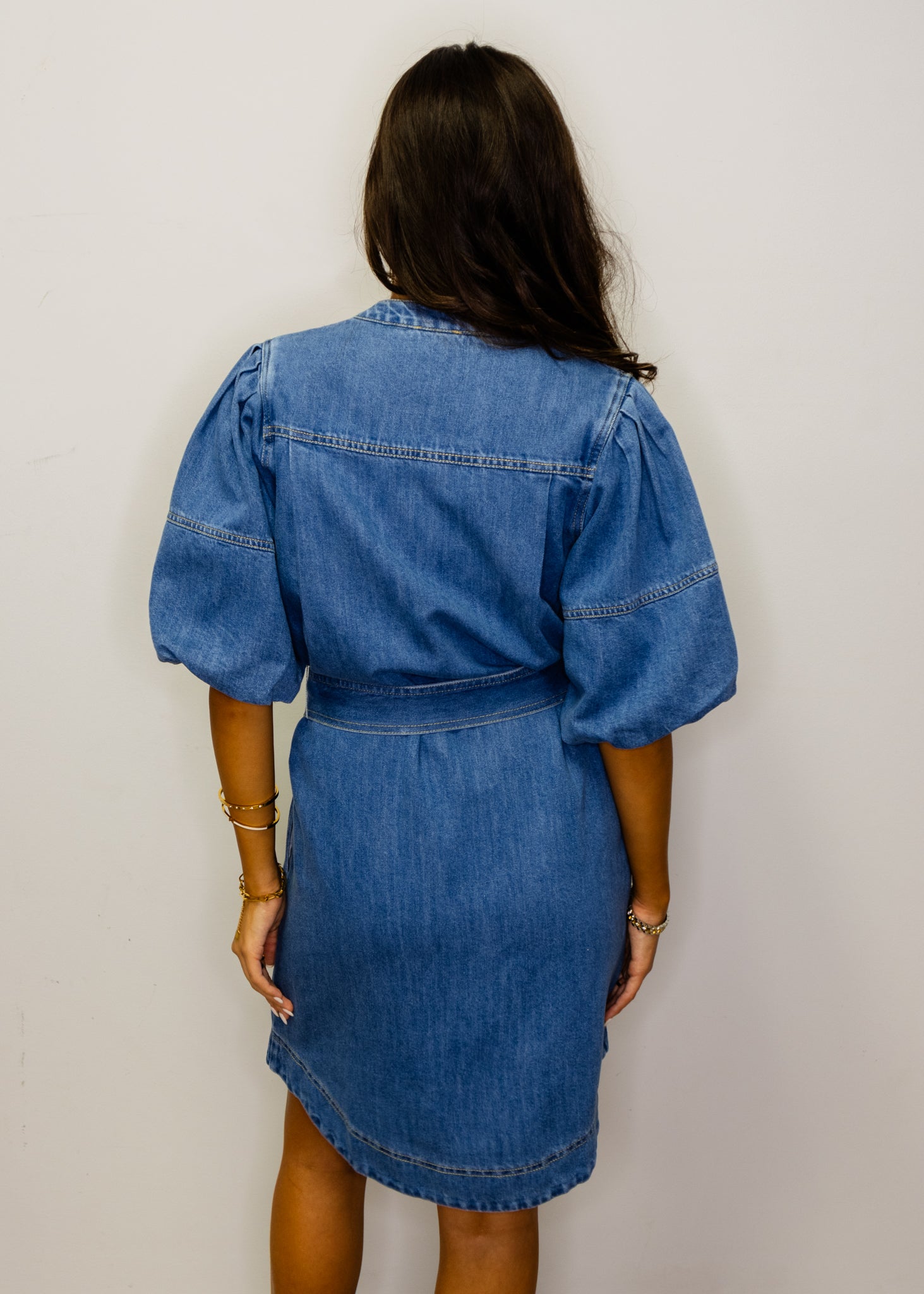 Denim Snap Puff Sleeve Dress