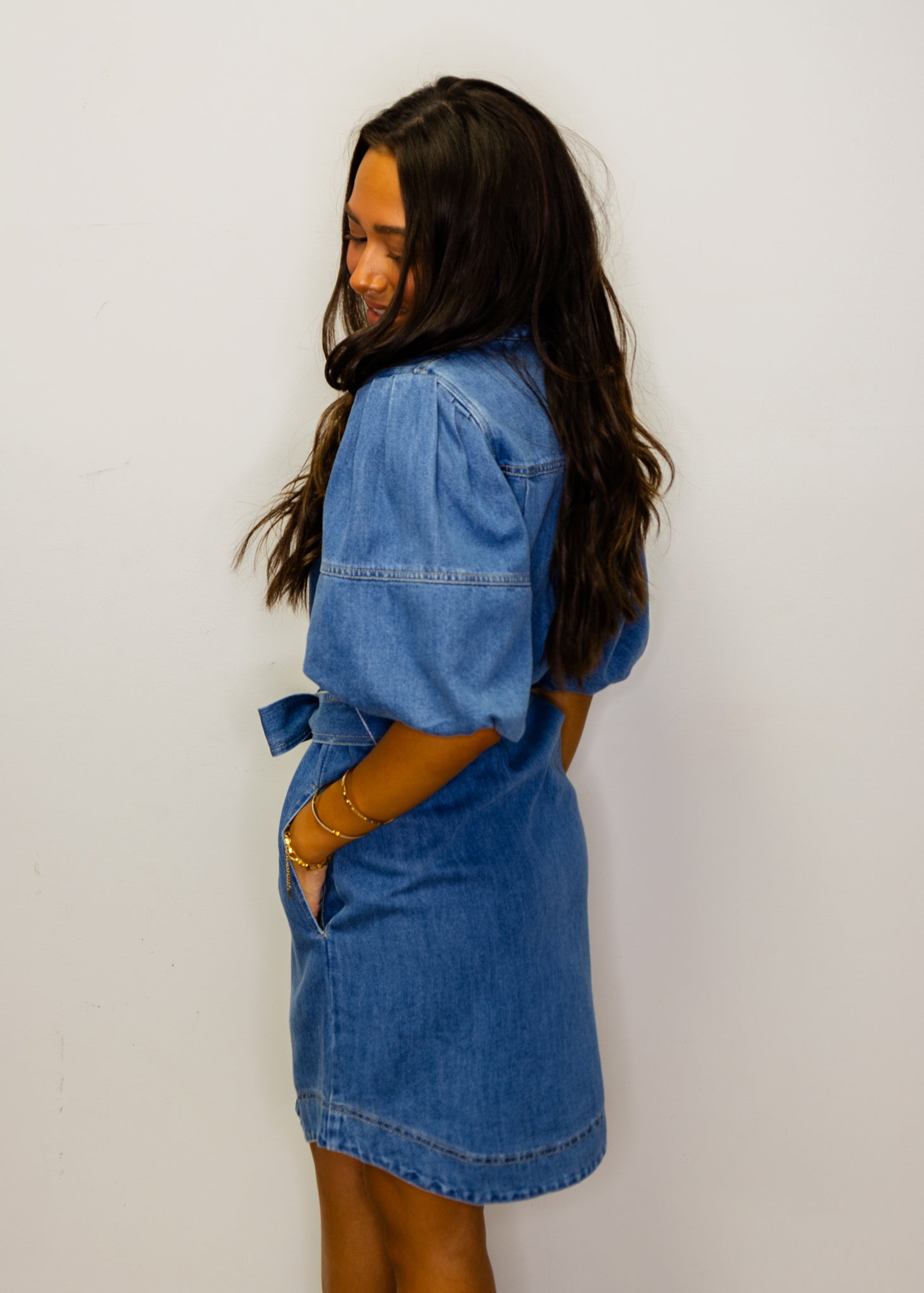 Denim Snap Puff Sleeve Dress