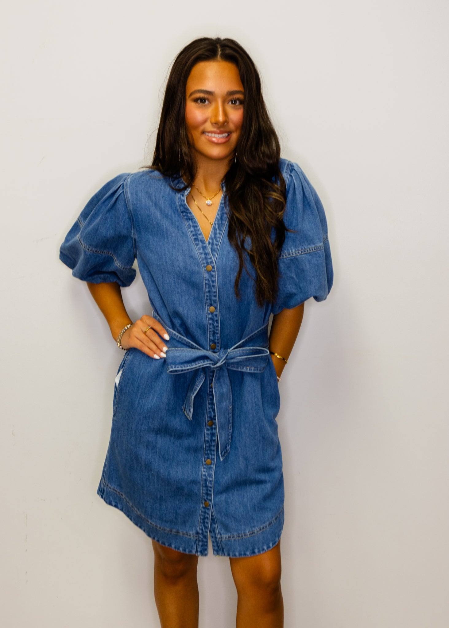 Denim Snap Puff Sleeve Dress