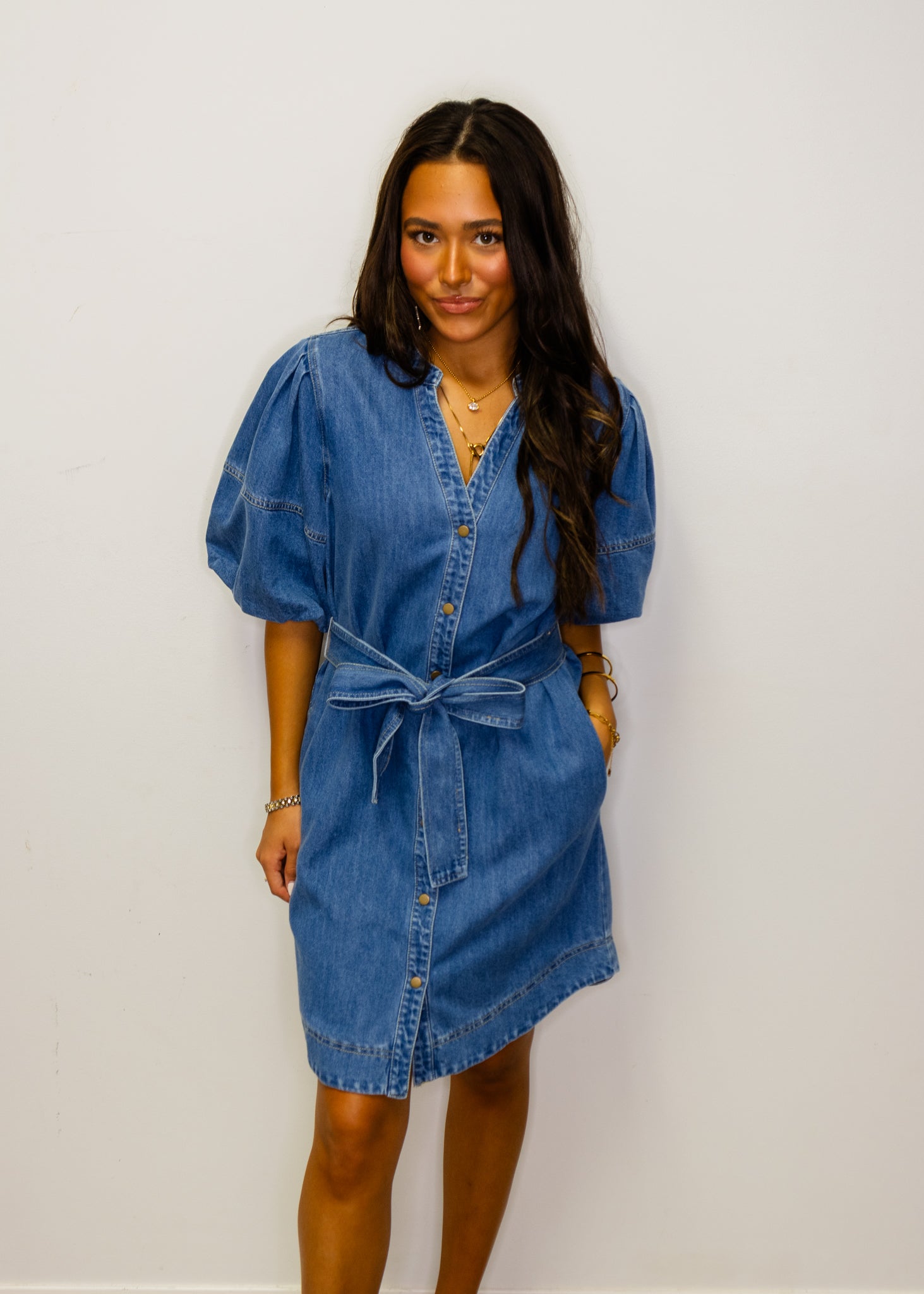 Denim Snap Puff Sleeve Dress