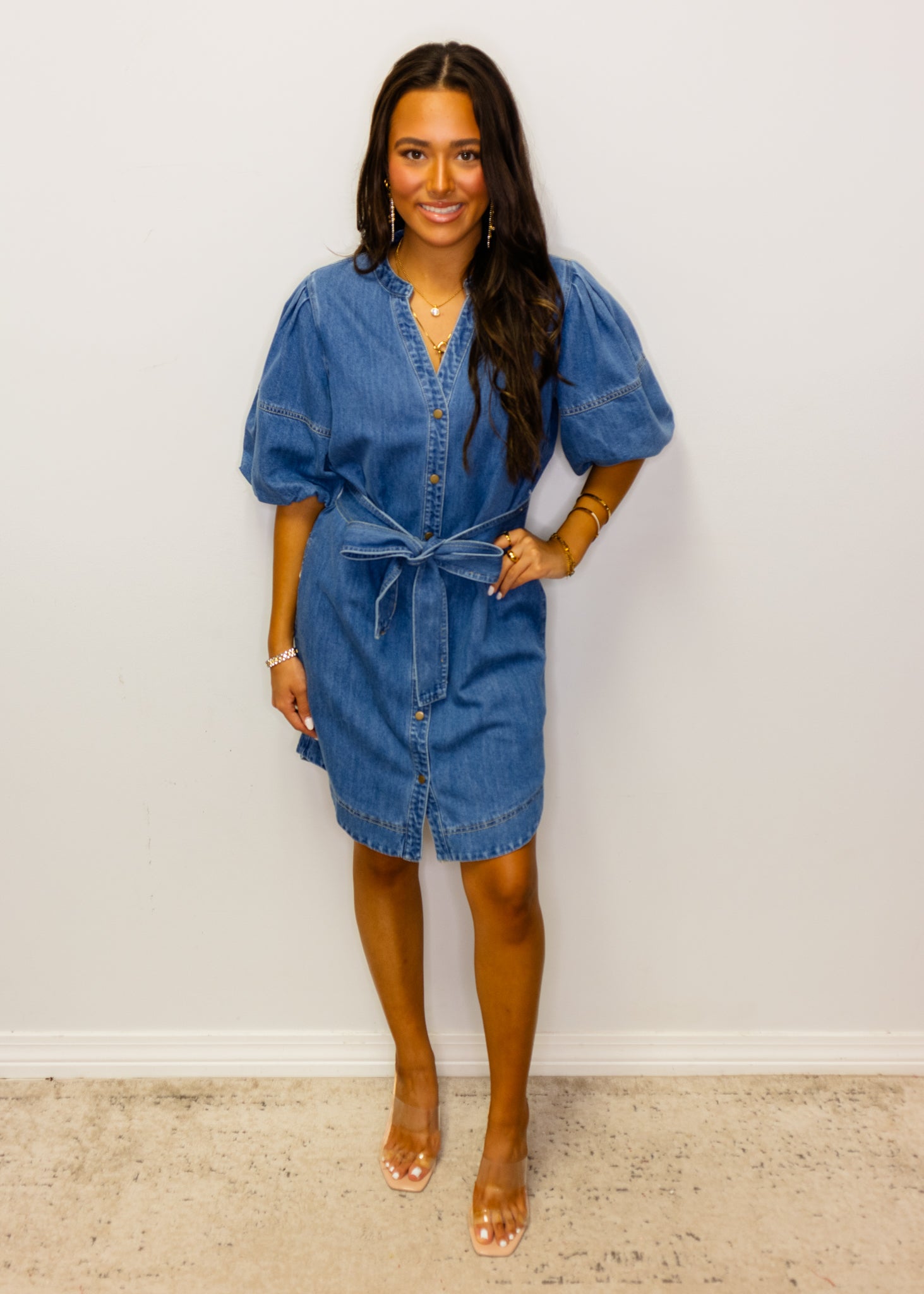 Denim Snap Puff Sleeve Dress