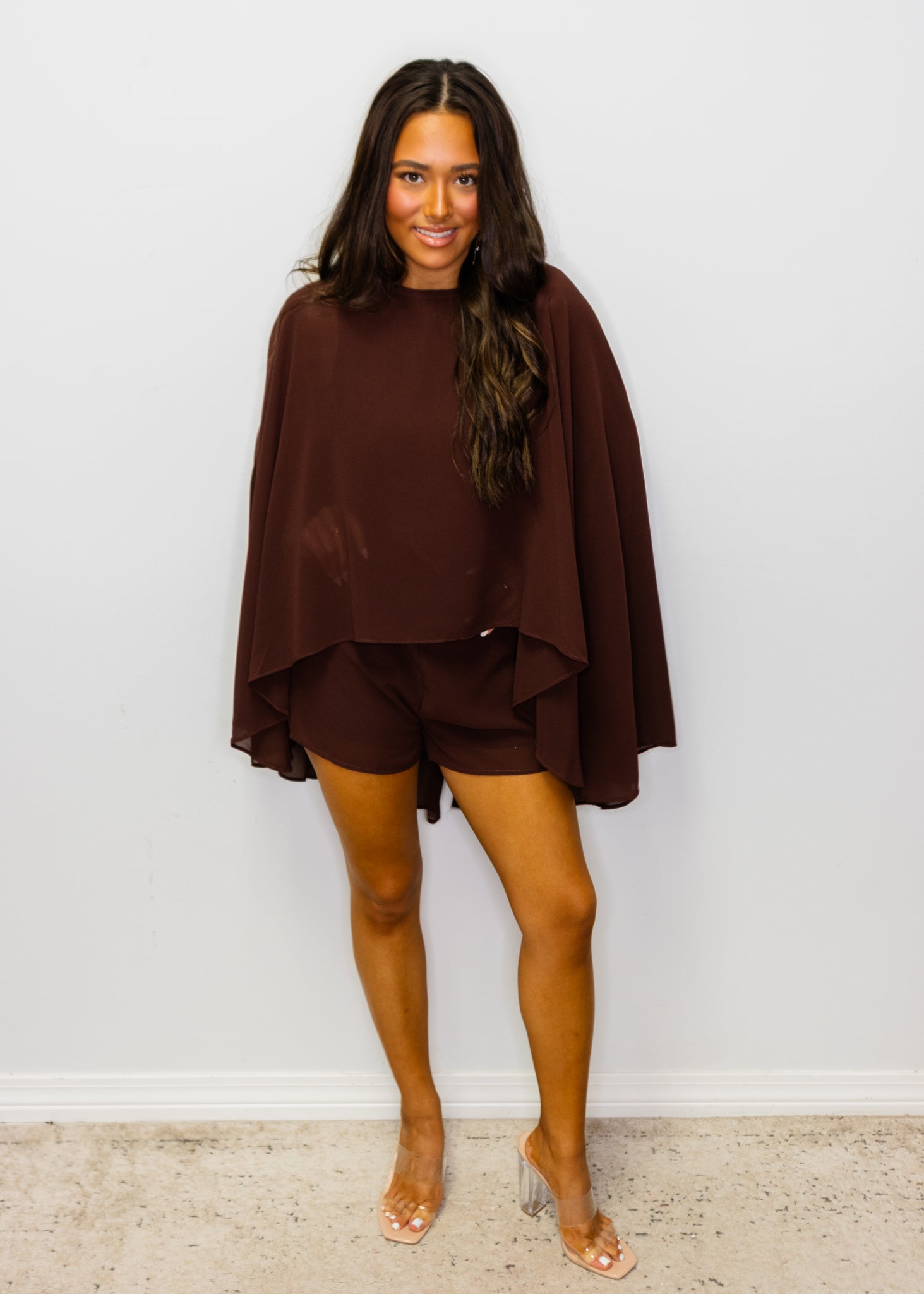 Chocolate Cape Chiffon Romper