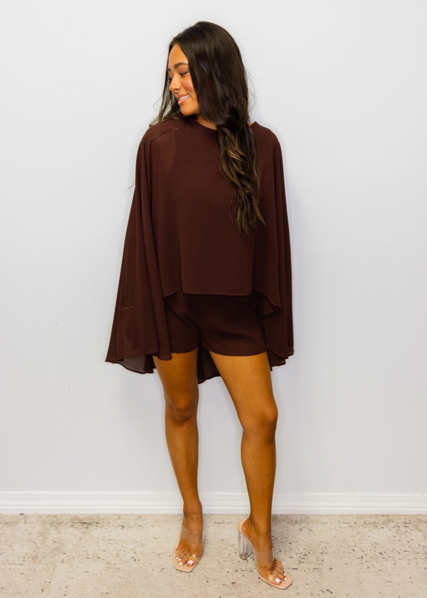 Chocolate Cape Chiffon Romper