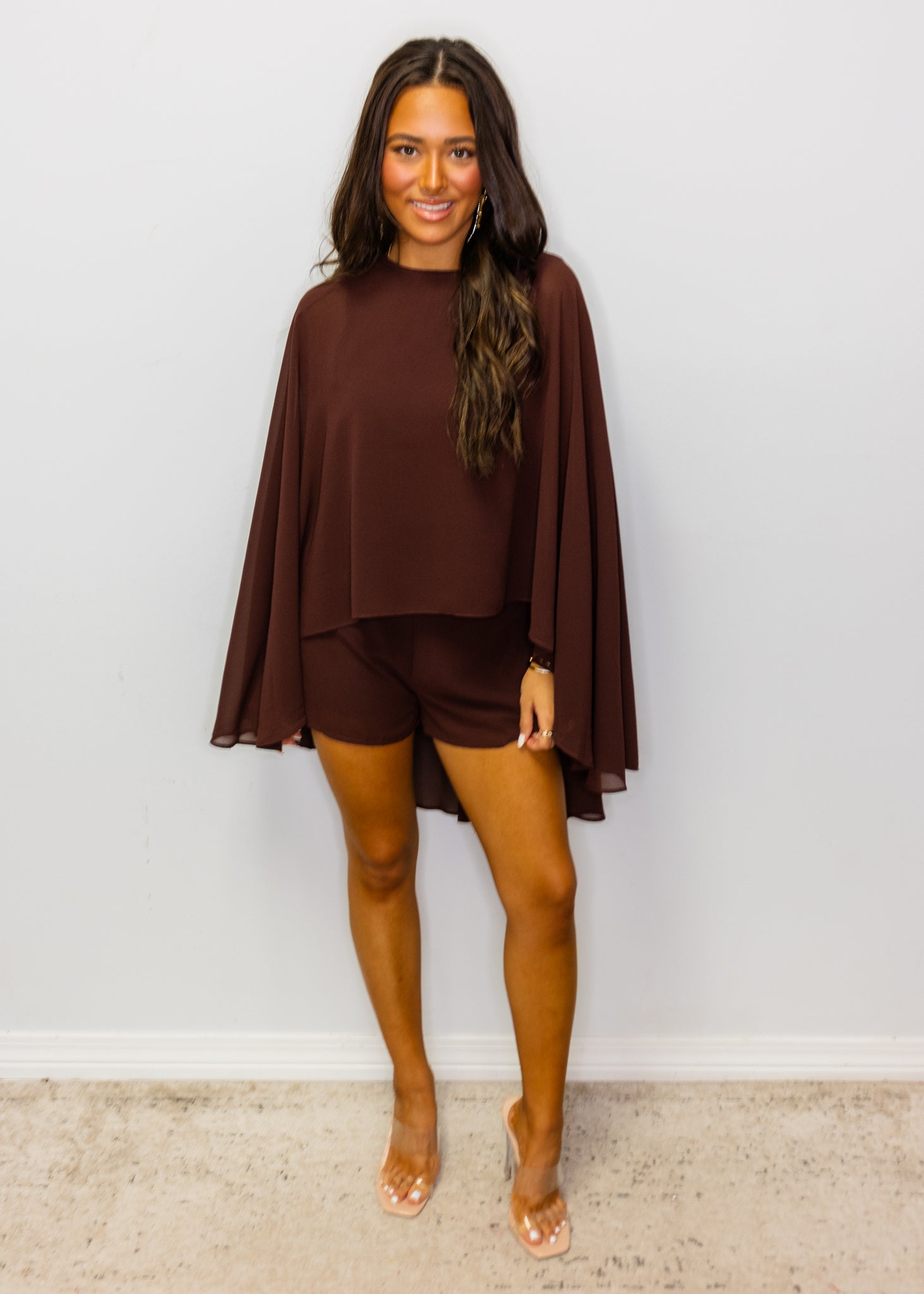 Chocolate Cape Chiffon Romper
