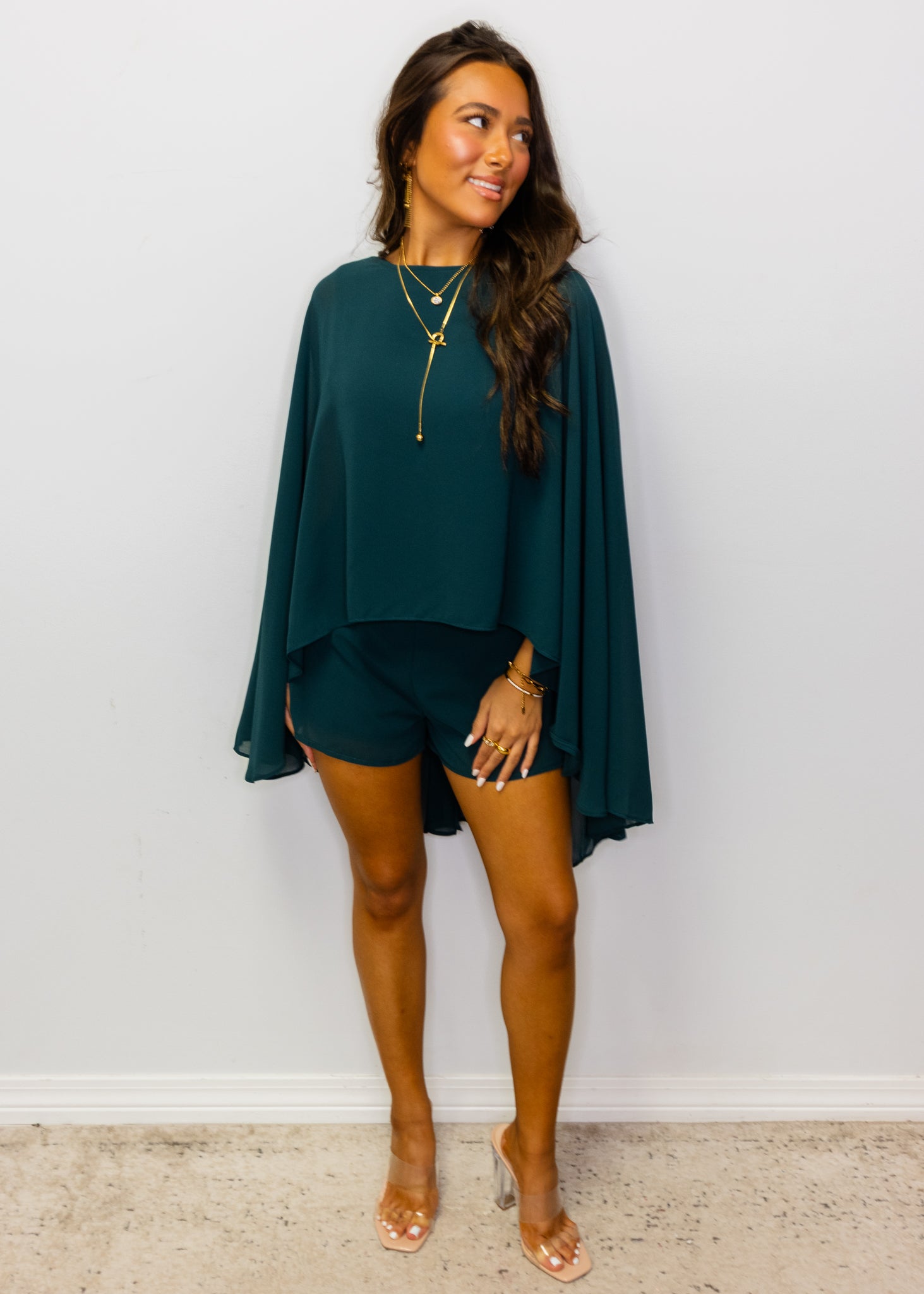 Forest Green Cape Chiffon Romper