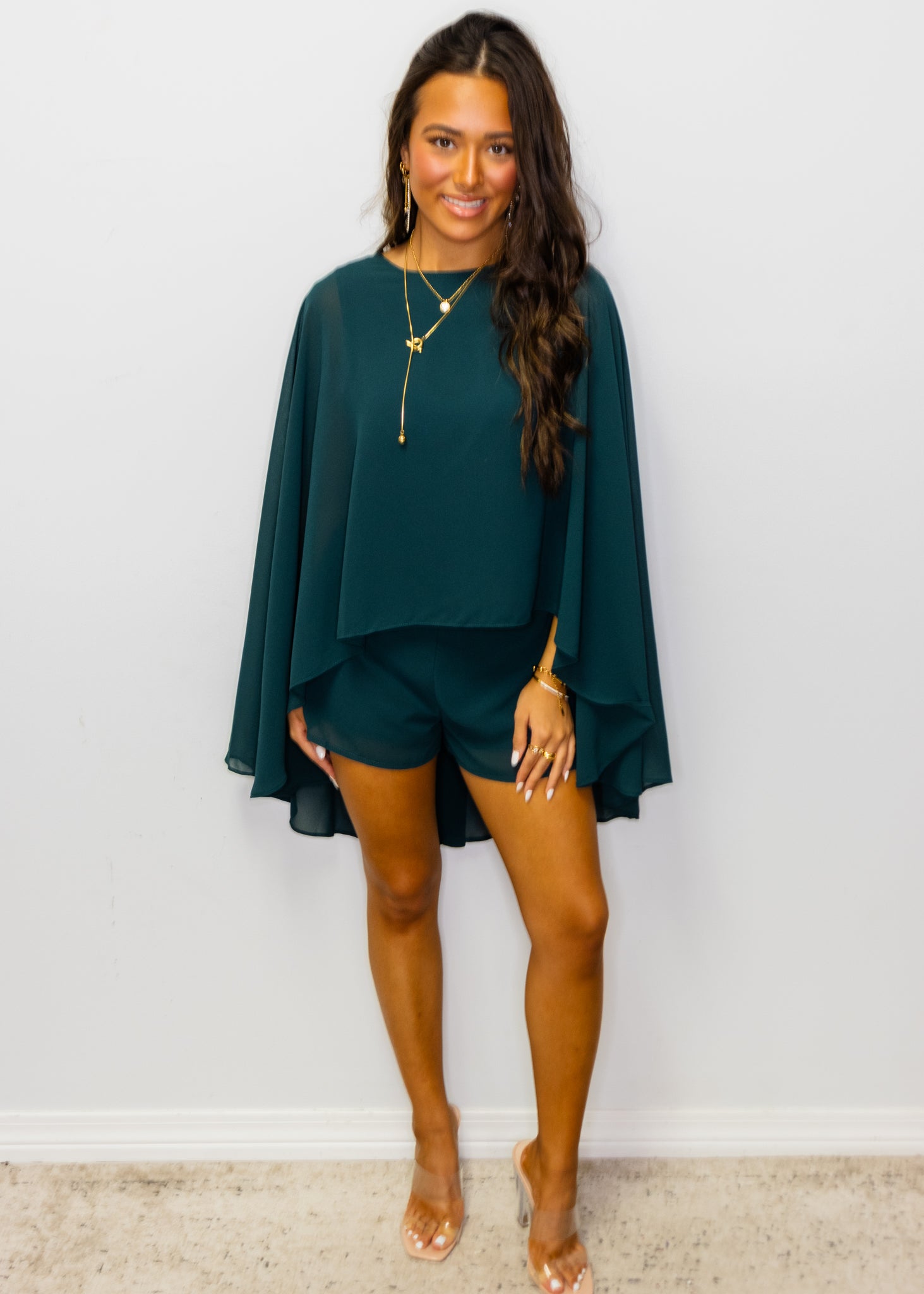 Forest Green Cape Chiffon Romper