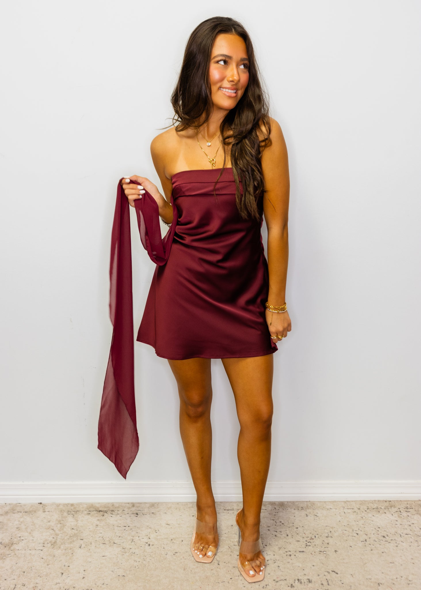 Burgundy Strapless Chiffon Scarf Dress