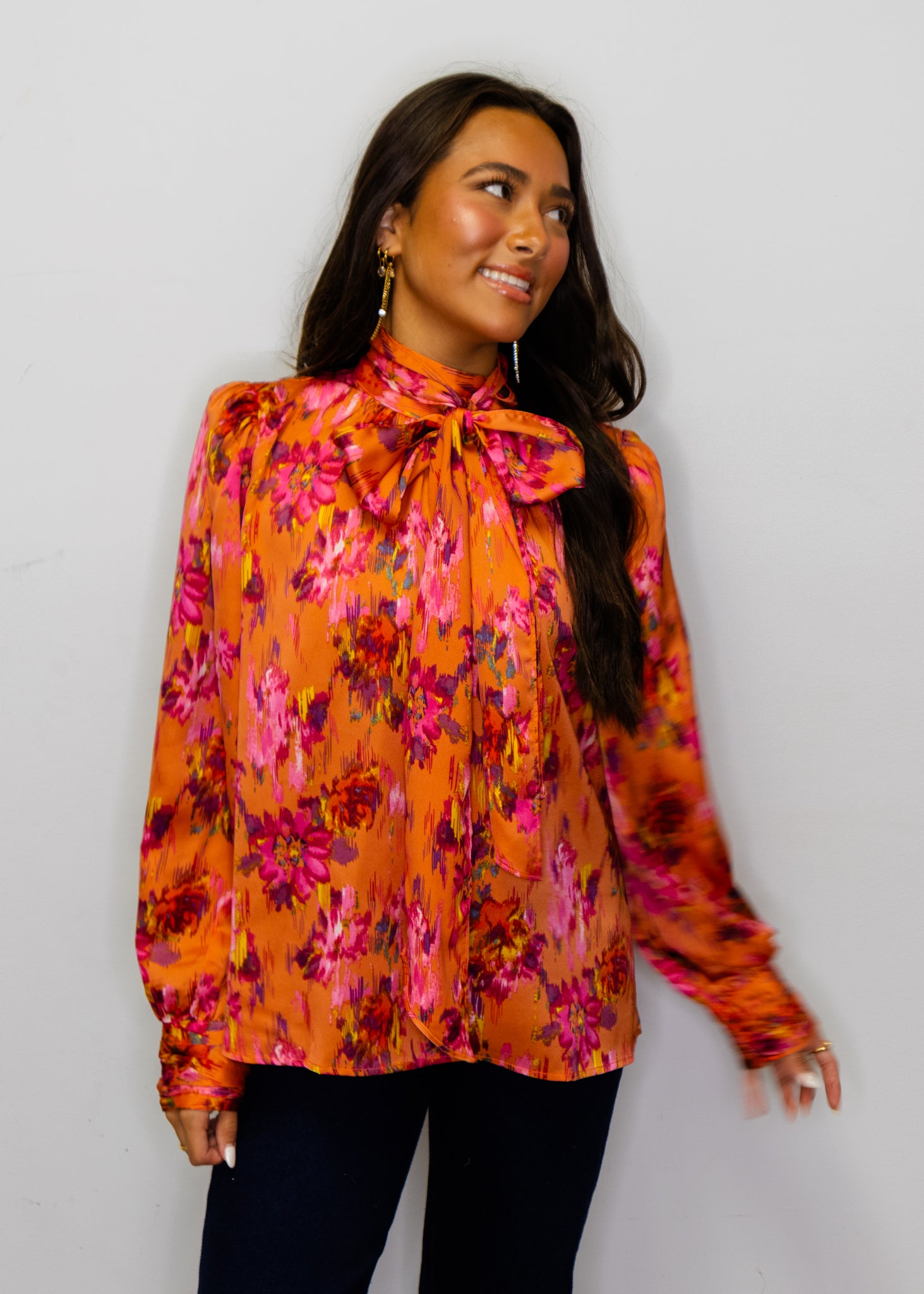 Orange Abstract Floral Satin Top