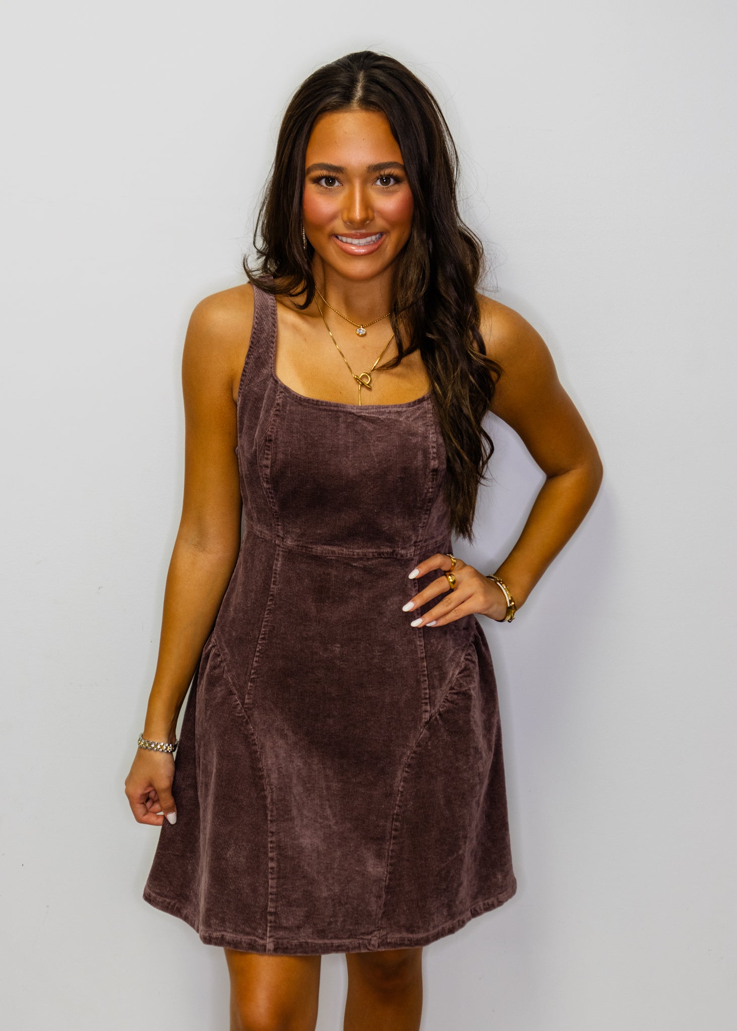 Brown Corduroy Drop Waist Dress