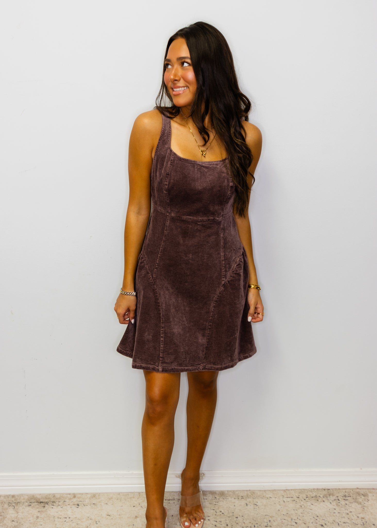 Brown Corduroy Drop Waist Dress