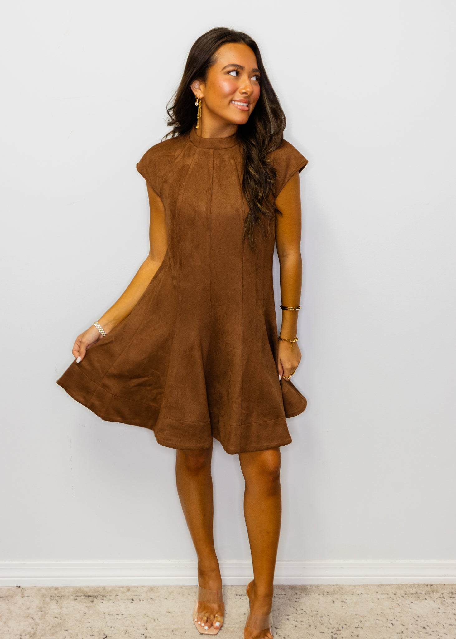 Brown Fit & Flare Faux Suede Dress
