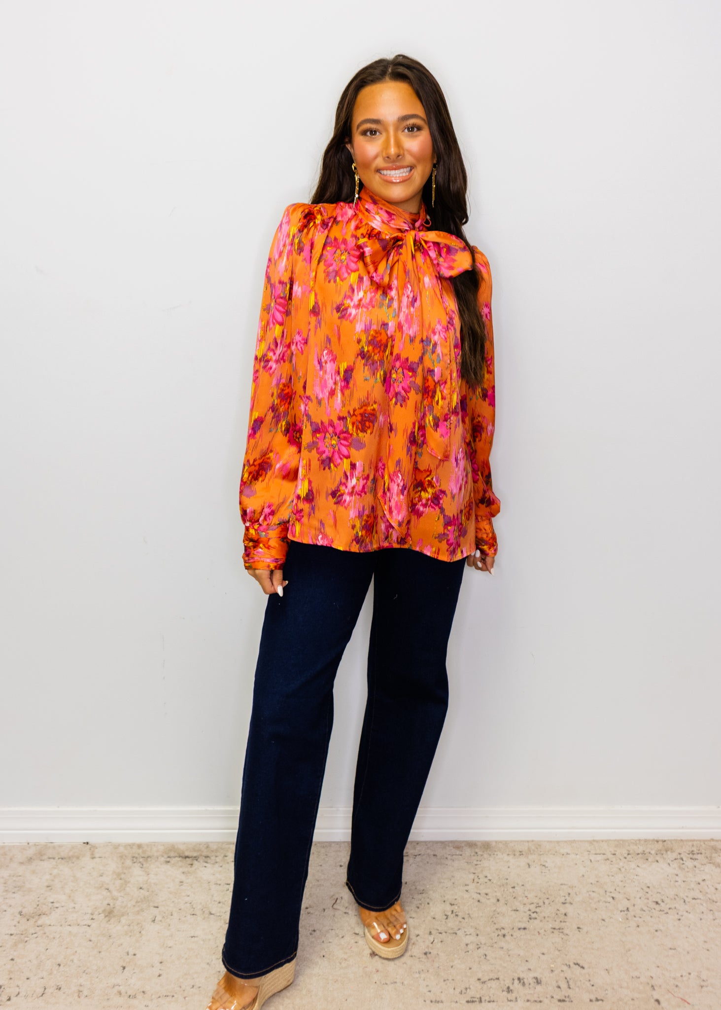 Orange Abstract Floral Satin Top