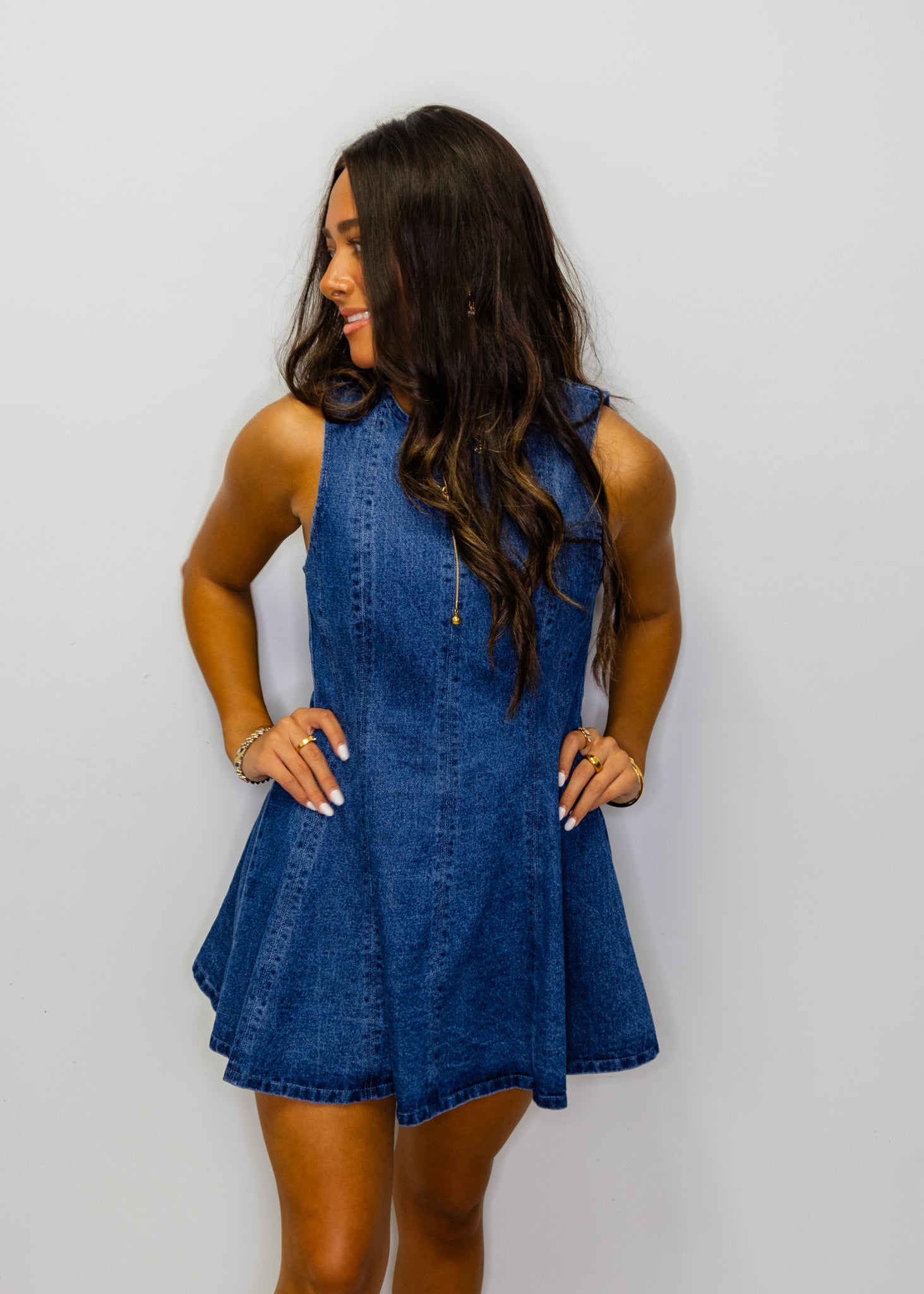 Dark Denim Sleeveless Flared A-line Romper