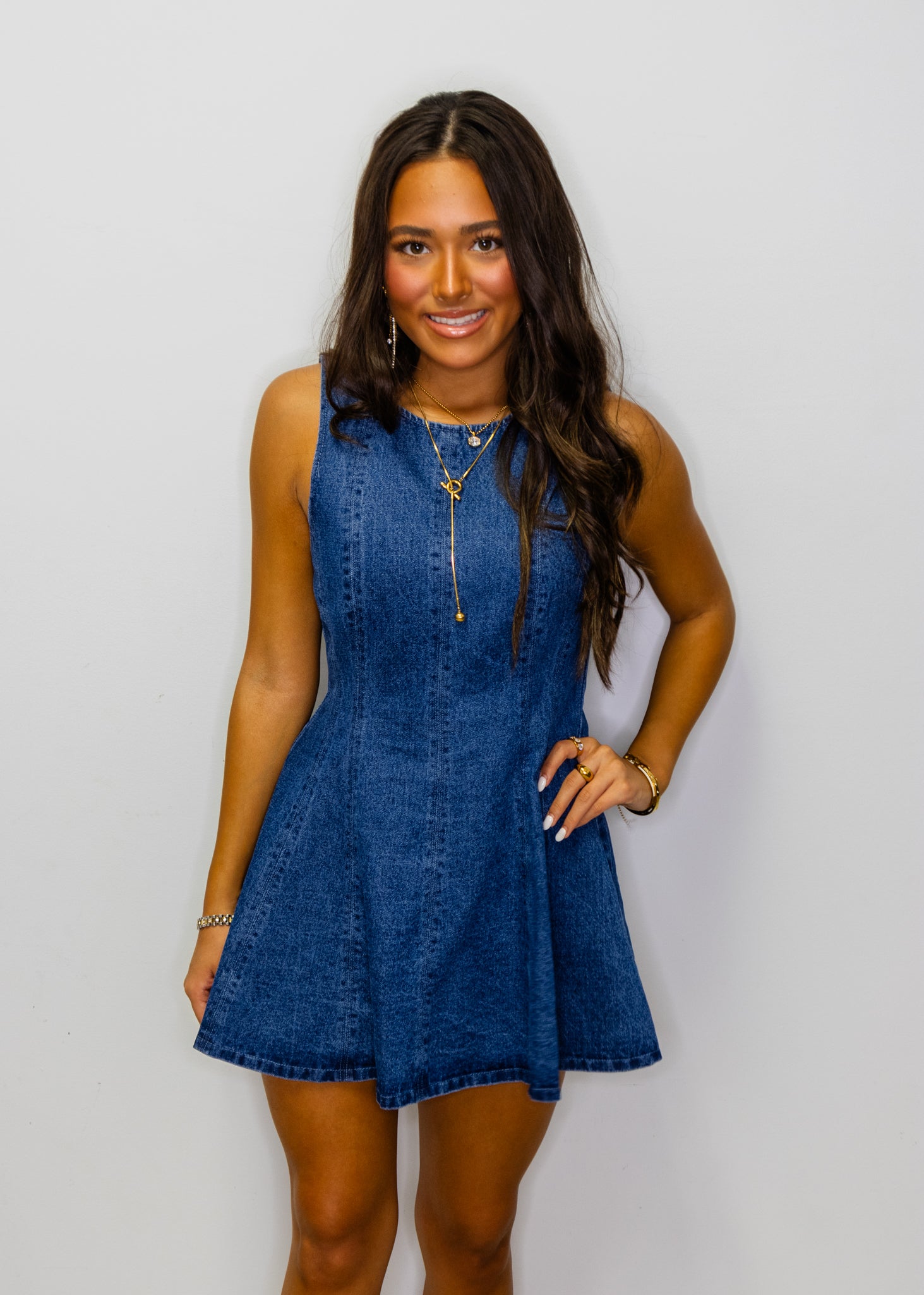 Dark Denim Sleeveless Flared A-line Romper