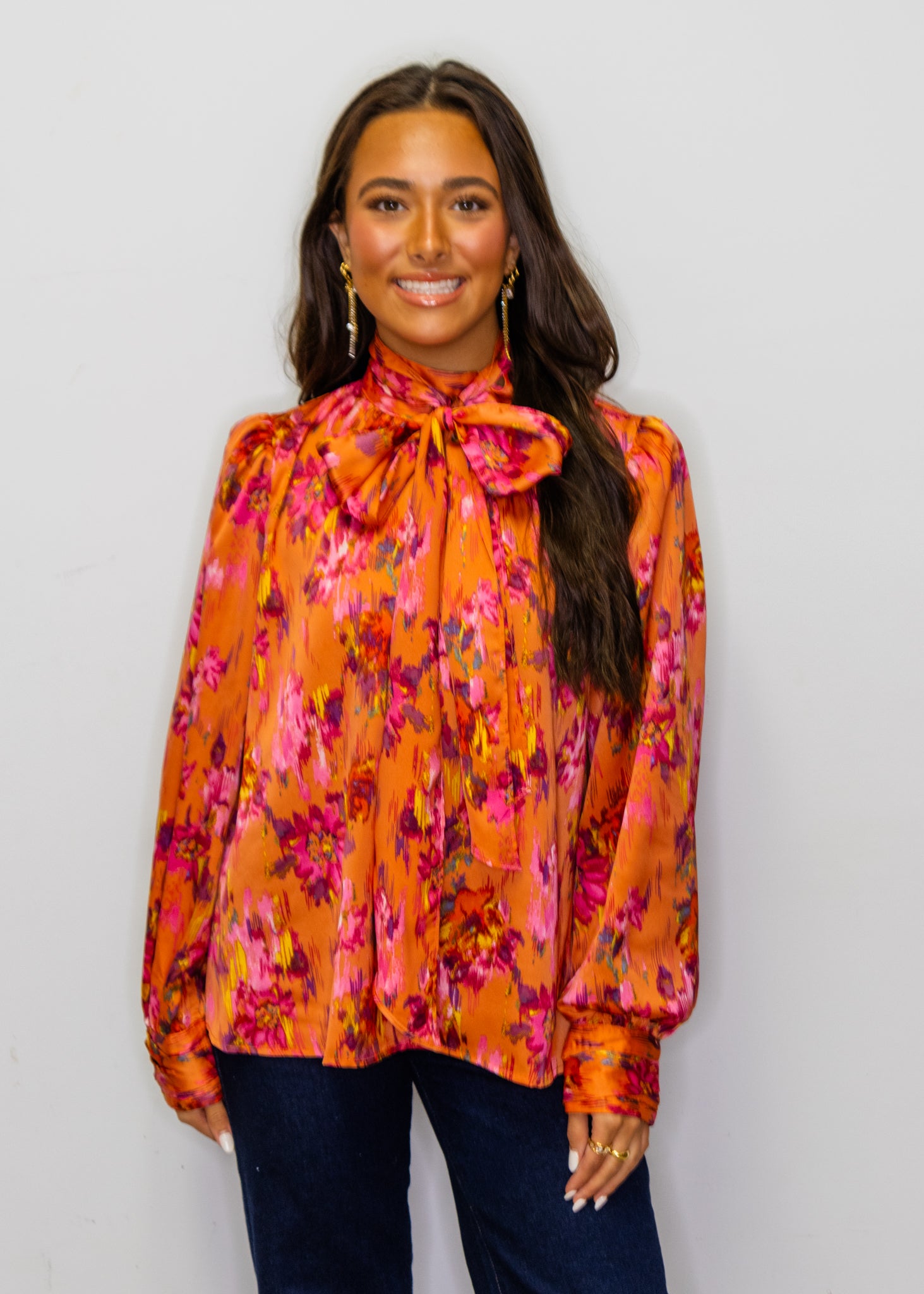 Orange Abstract Floral Satin Top