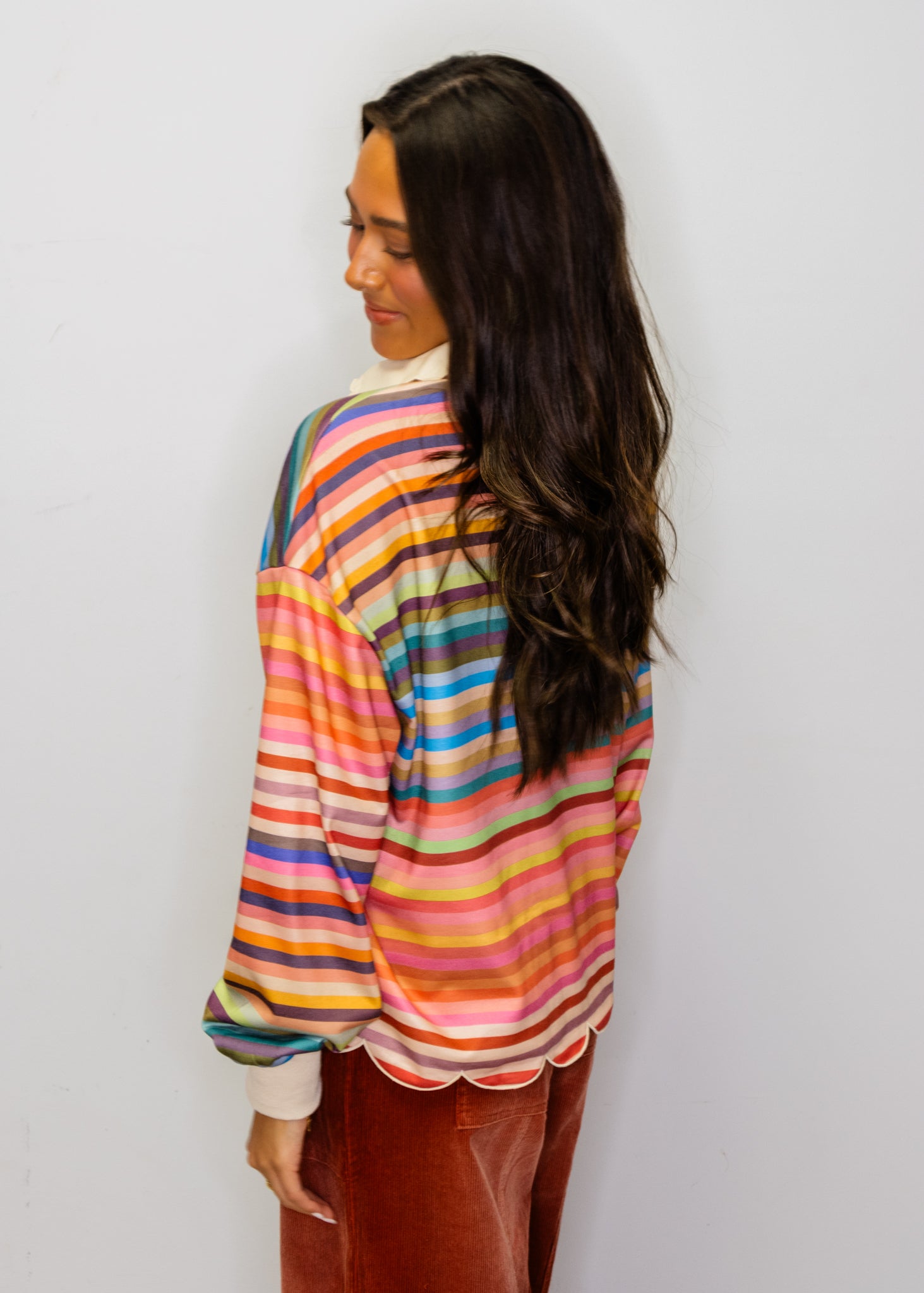 Rainbow Stripe Scallop Trim Long Sleeve