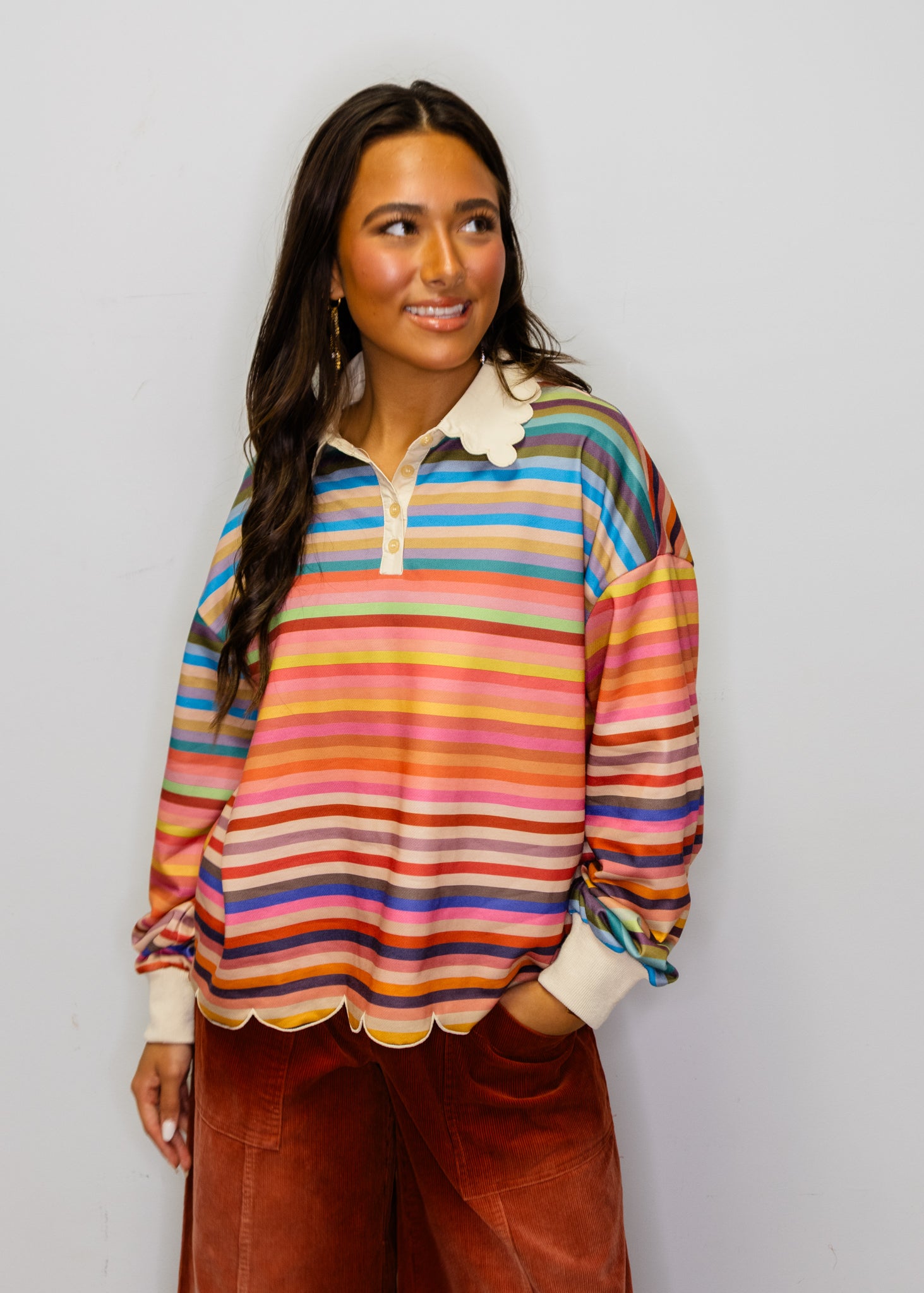 Rainbow Stripe Scallop Trim Long Sleeve
