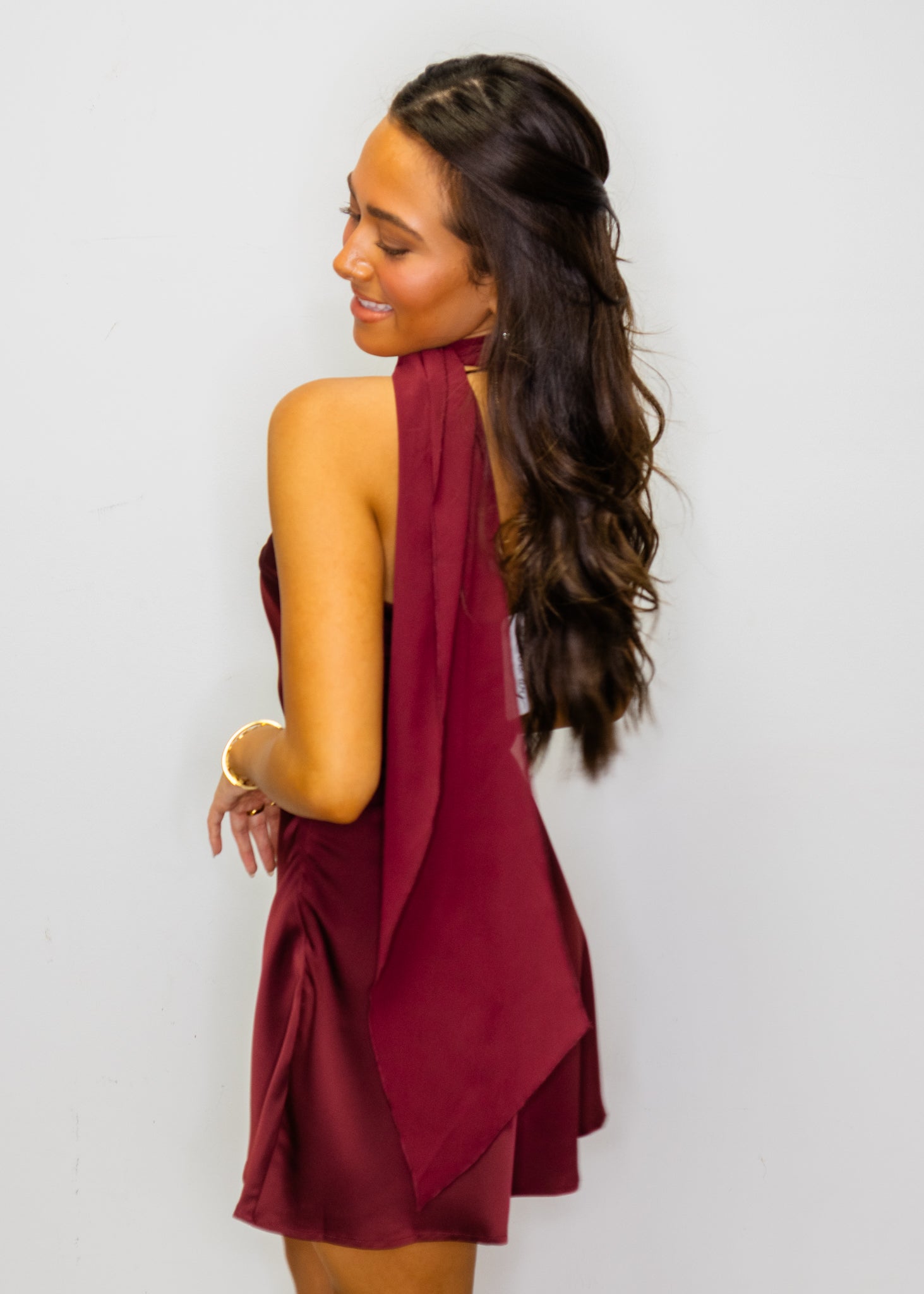 Burgundy Strapless Chiffon Scarf Dress