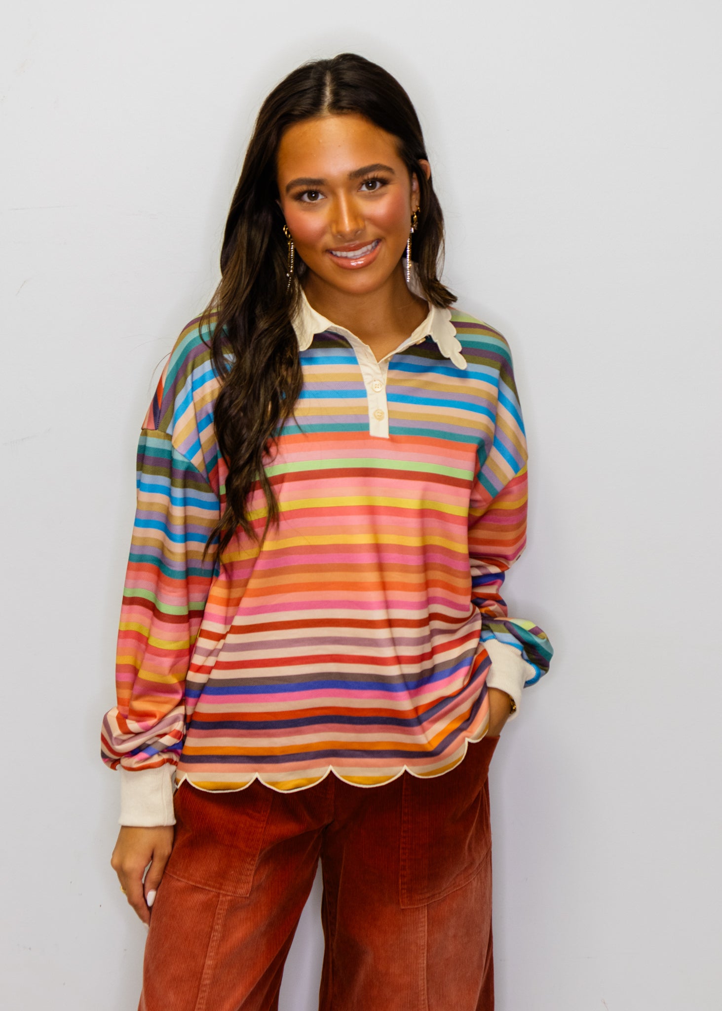 Rainbow Stripe Scallop Trim Long Sleeve