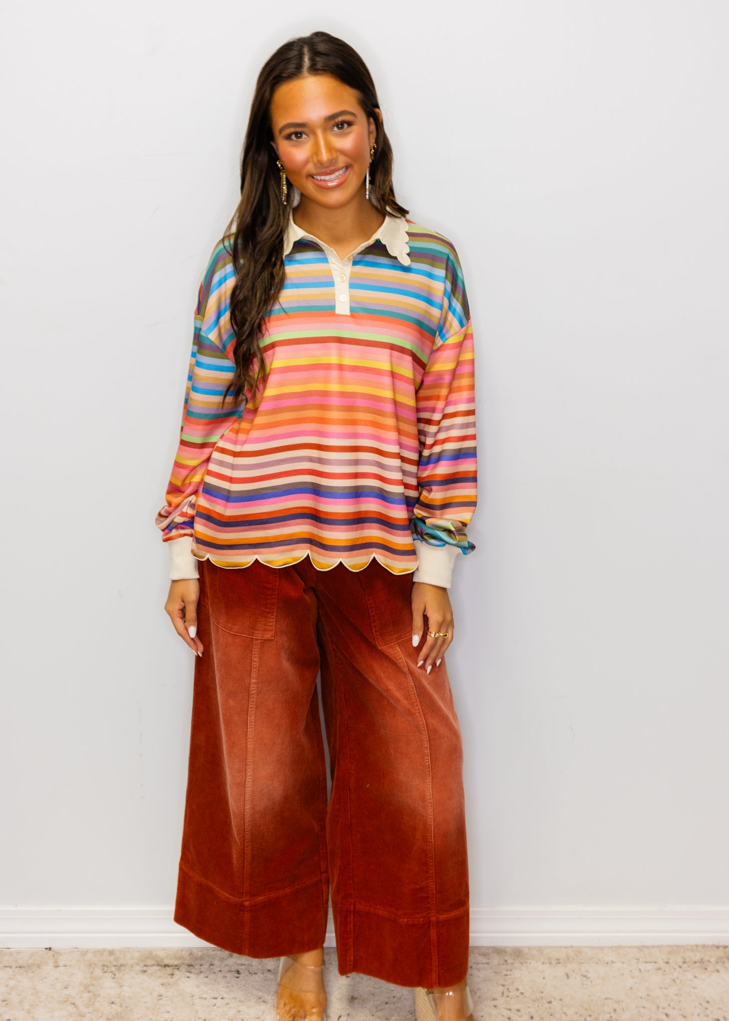 Rainbow Stripe Scallop Trim Long Sleeve