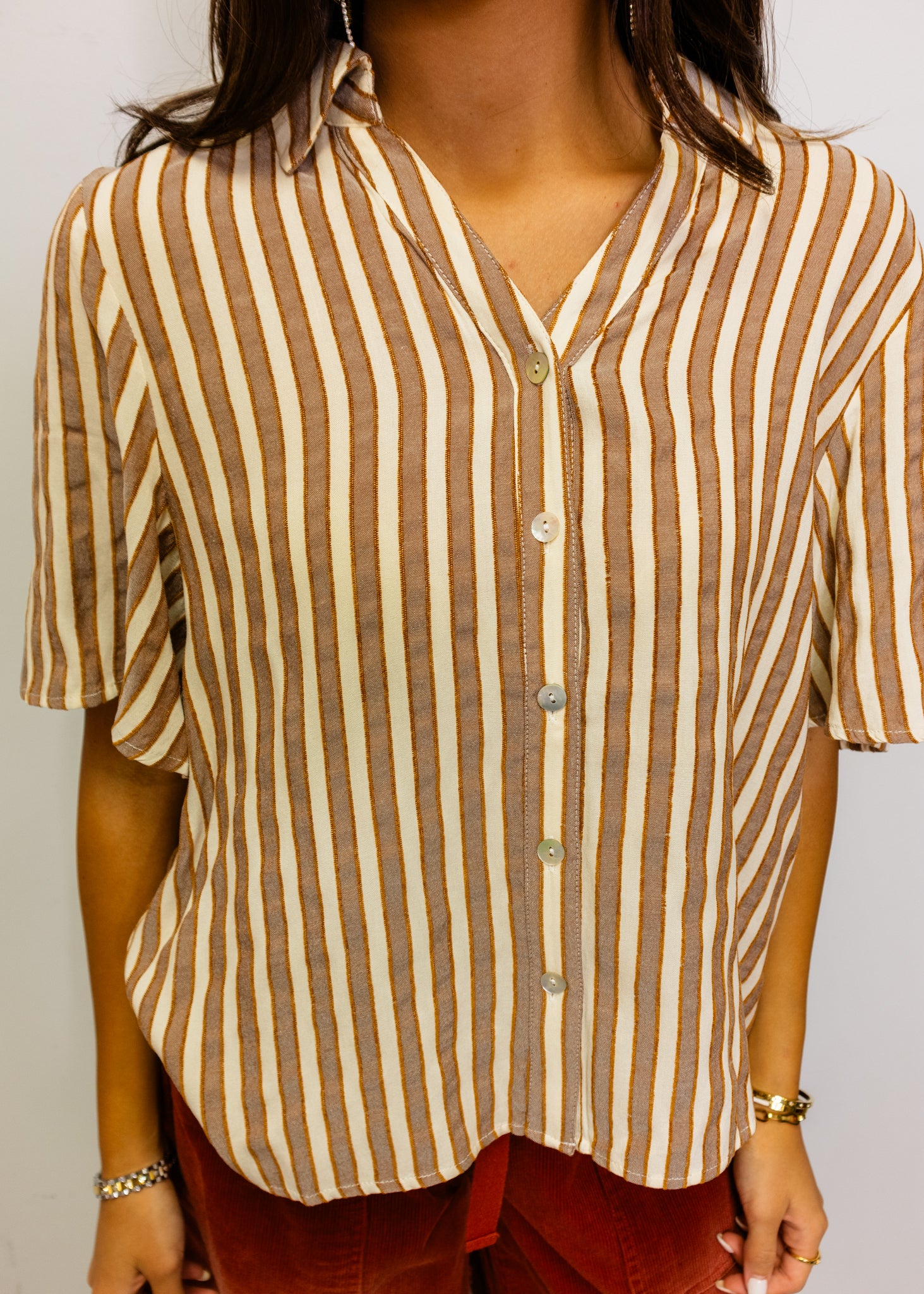 Mocha Button Down Textured Stripe Top