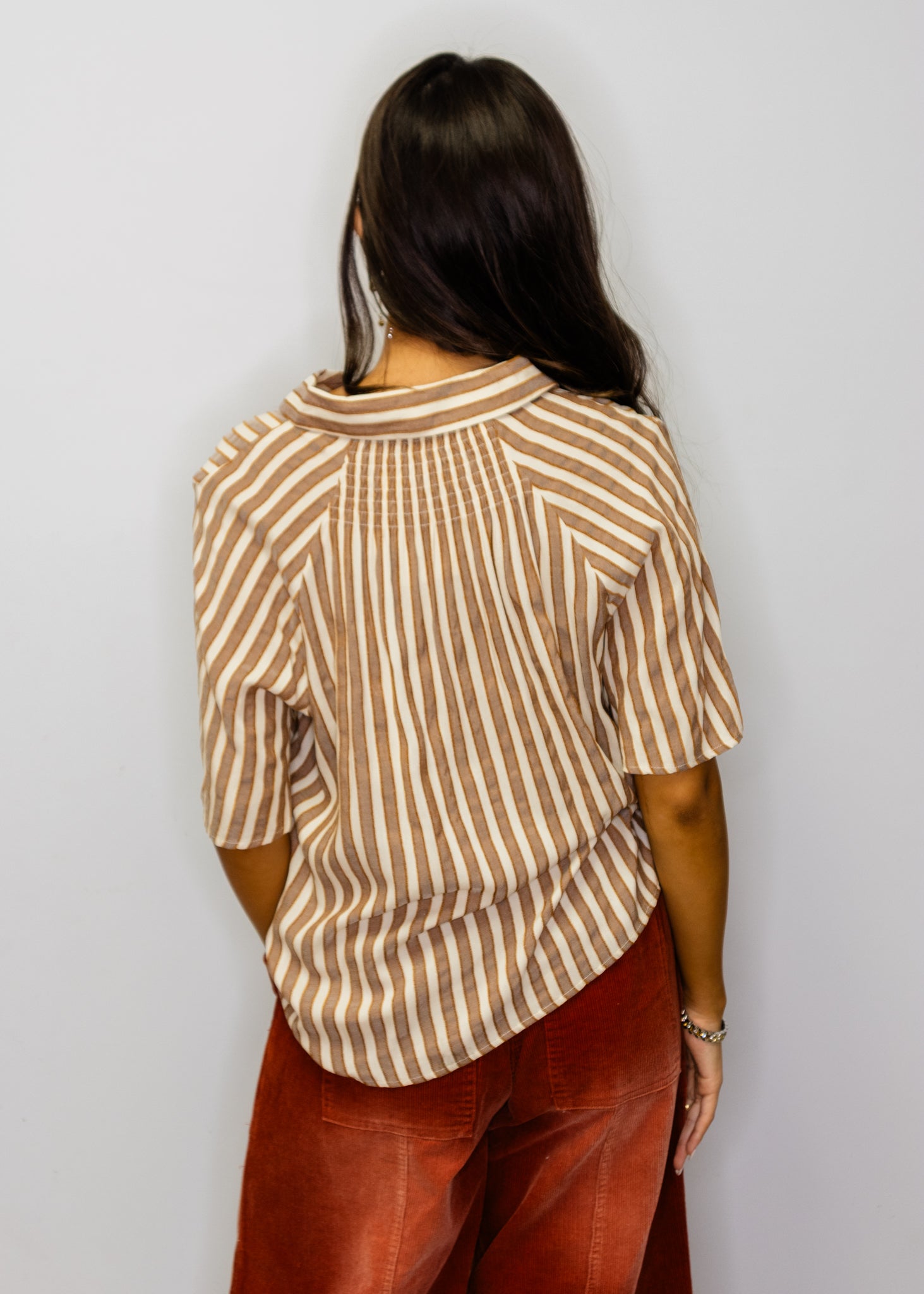 Mocha Button Down Textured Stripe Top