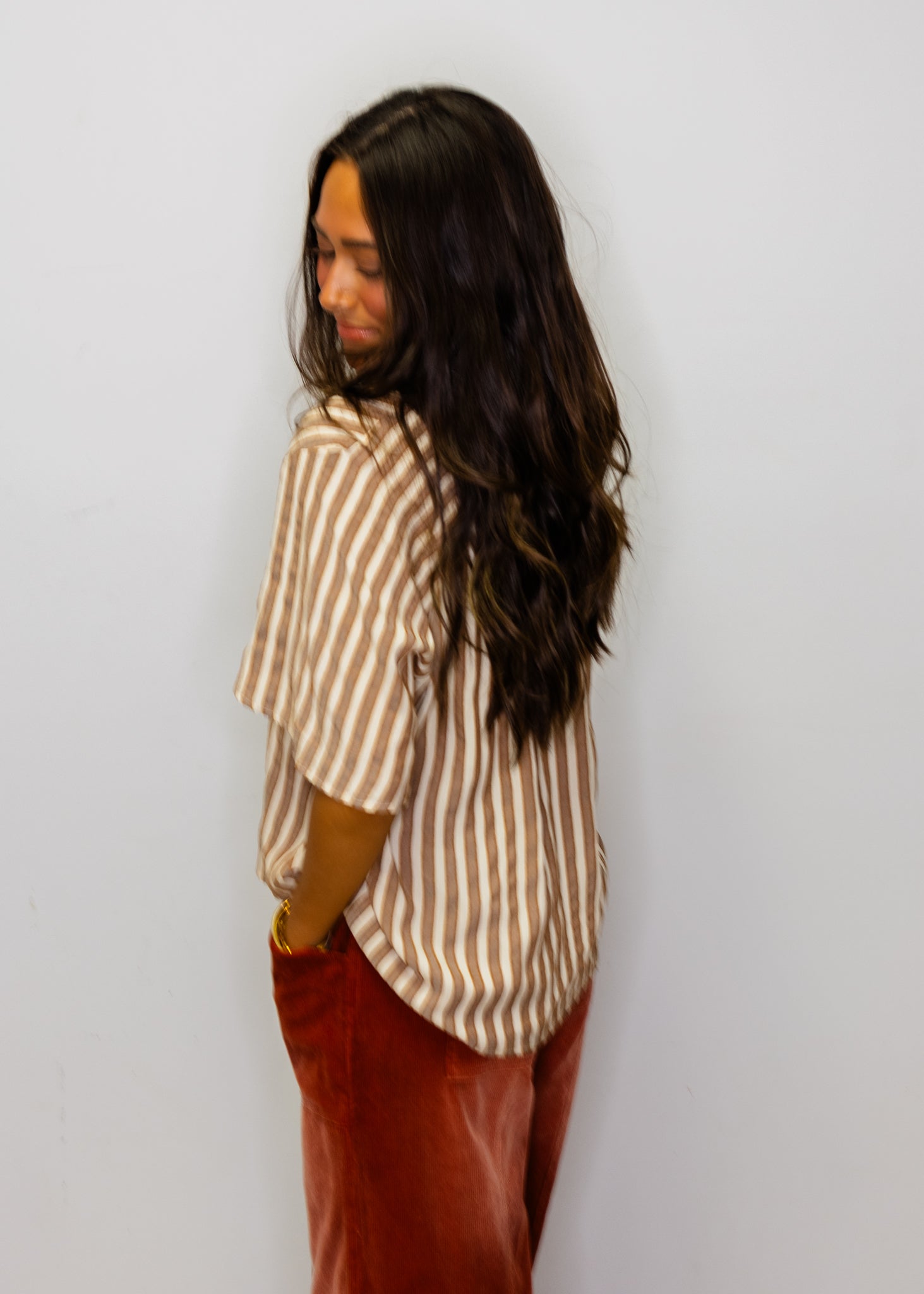 Mocha Button Down Textured Stripe Top