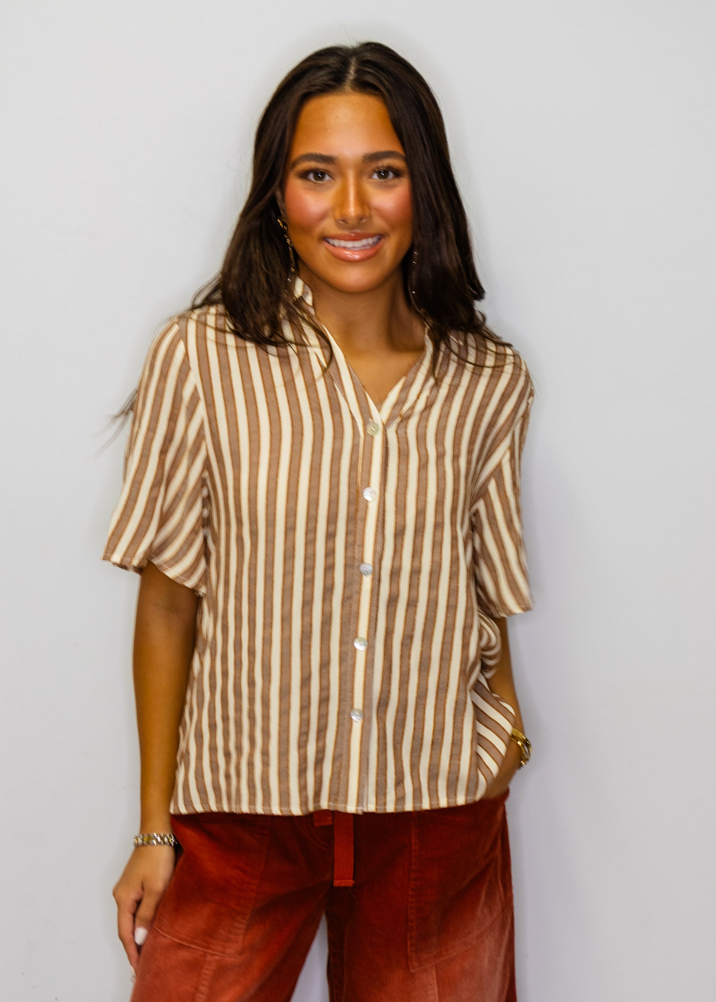 Mocha Button Down Textured Stripe Top