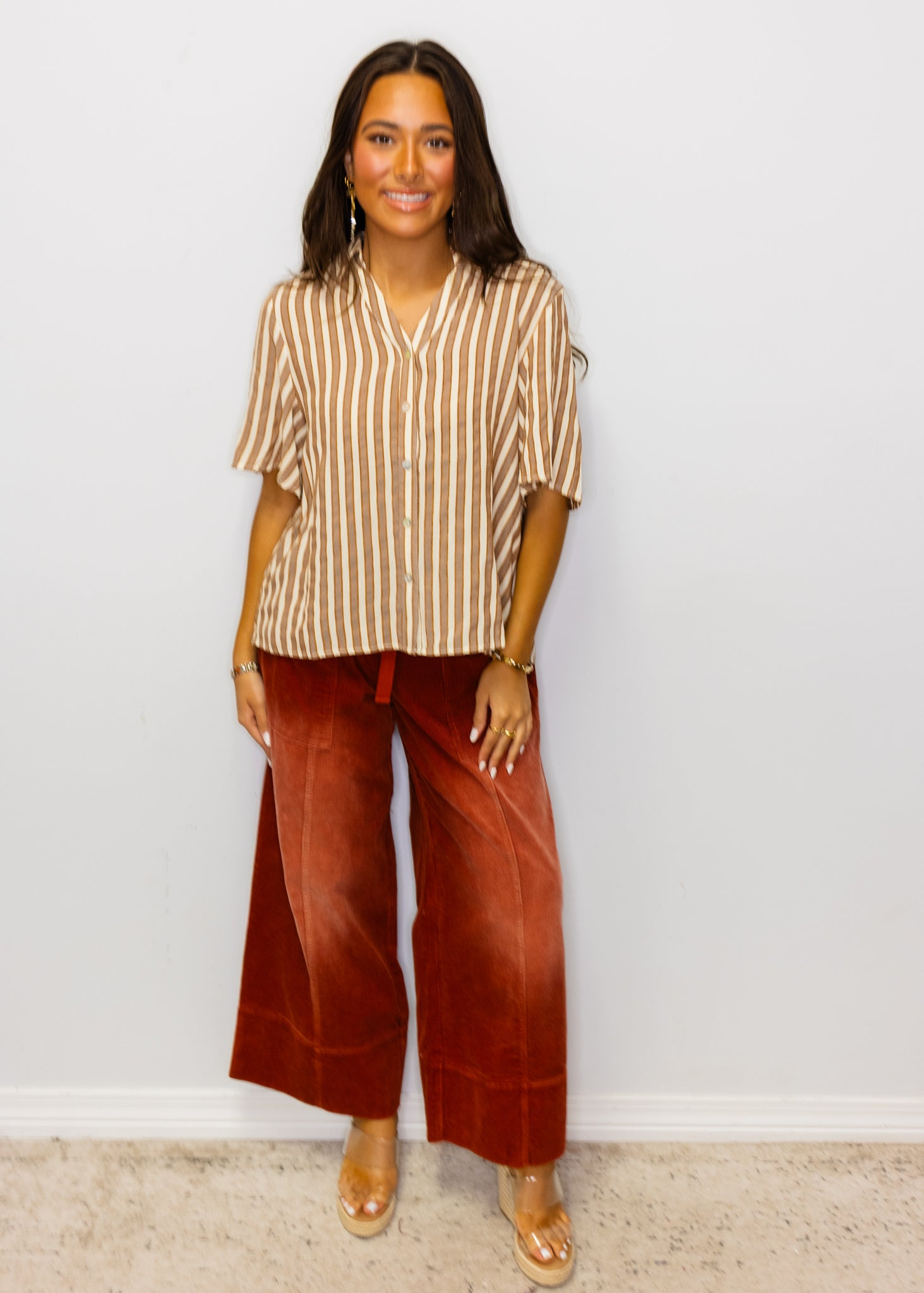 Mocha Button Down Textured Stripe Top