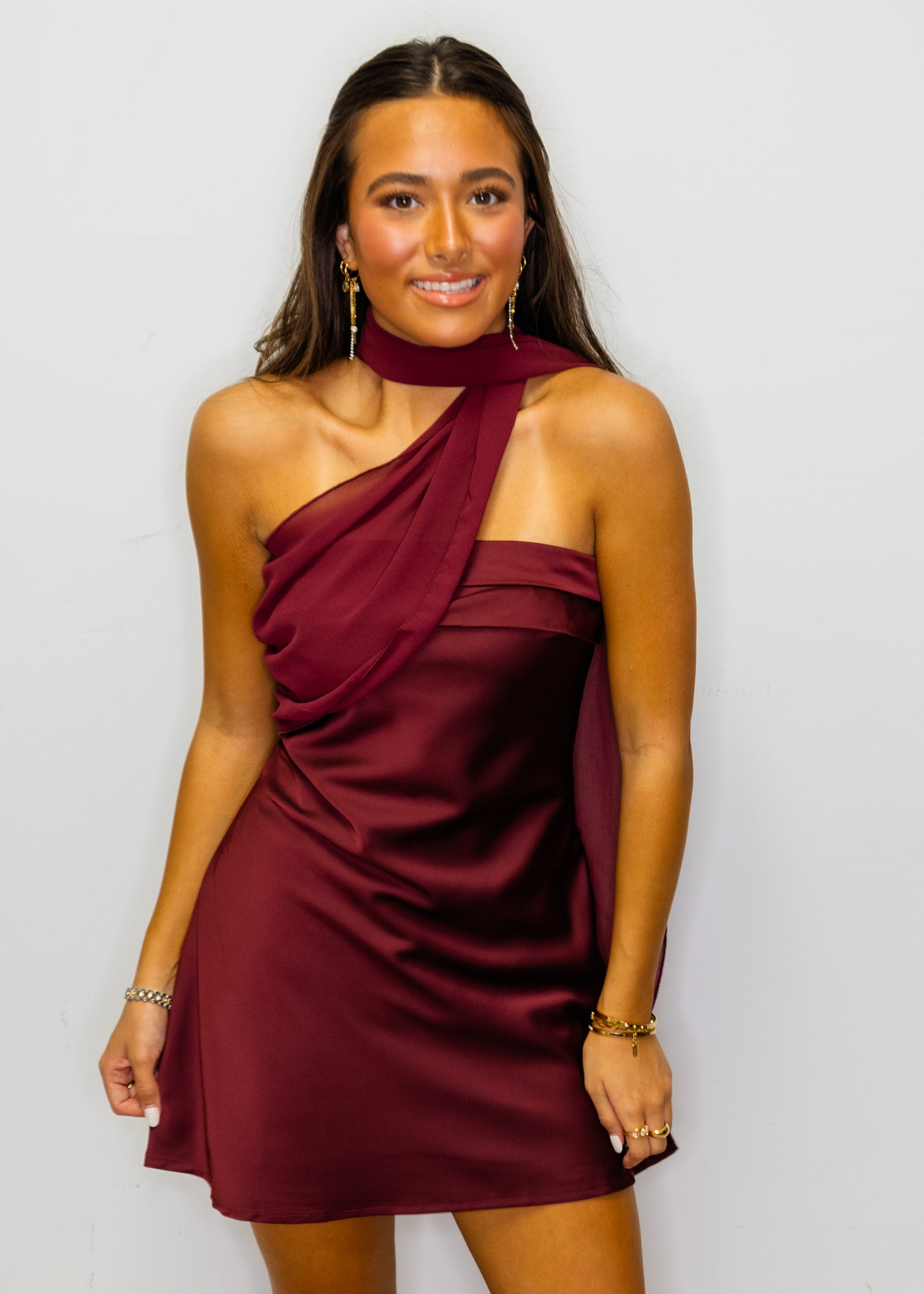 Burgundy Strapless Chiffon Scarf Dress