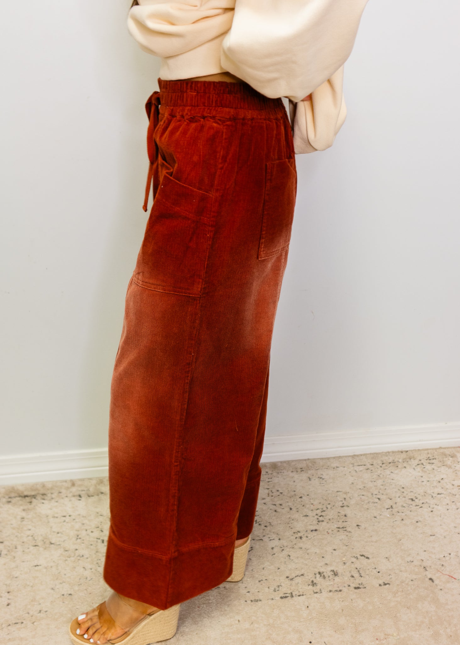 Rust Corduroy Flare Drawstring Pants