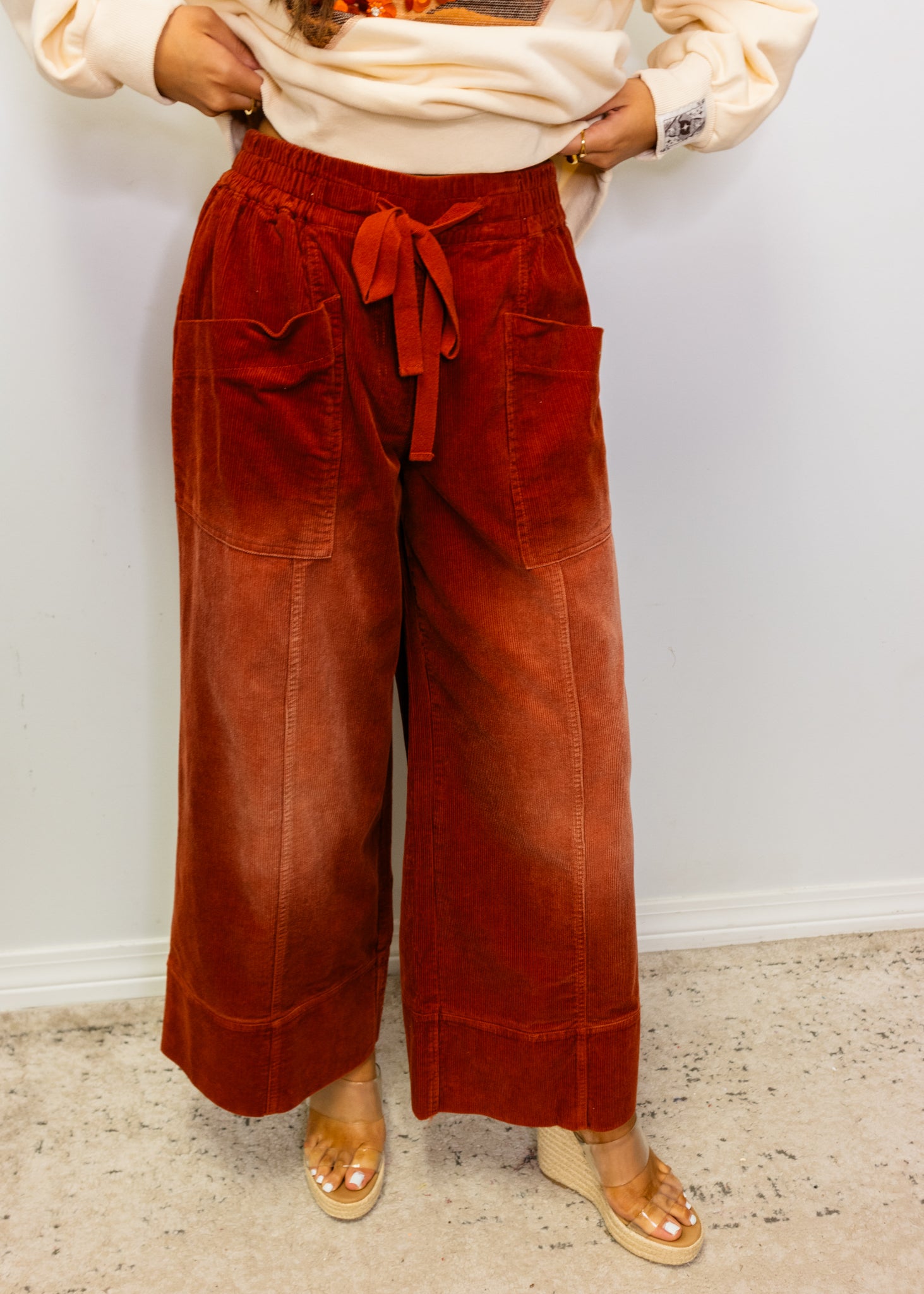 Rust Corduroy Flare Drawstring Pants